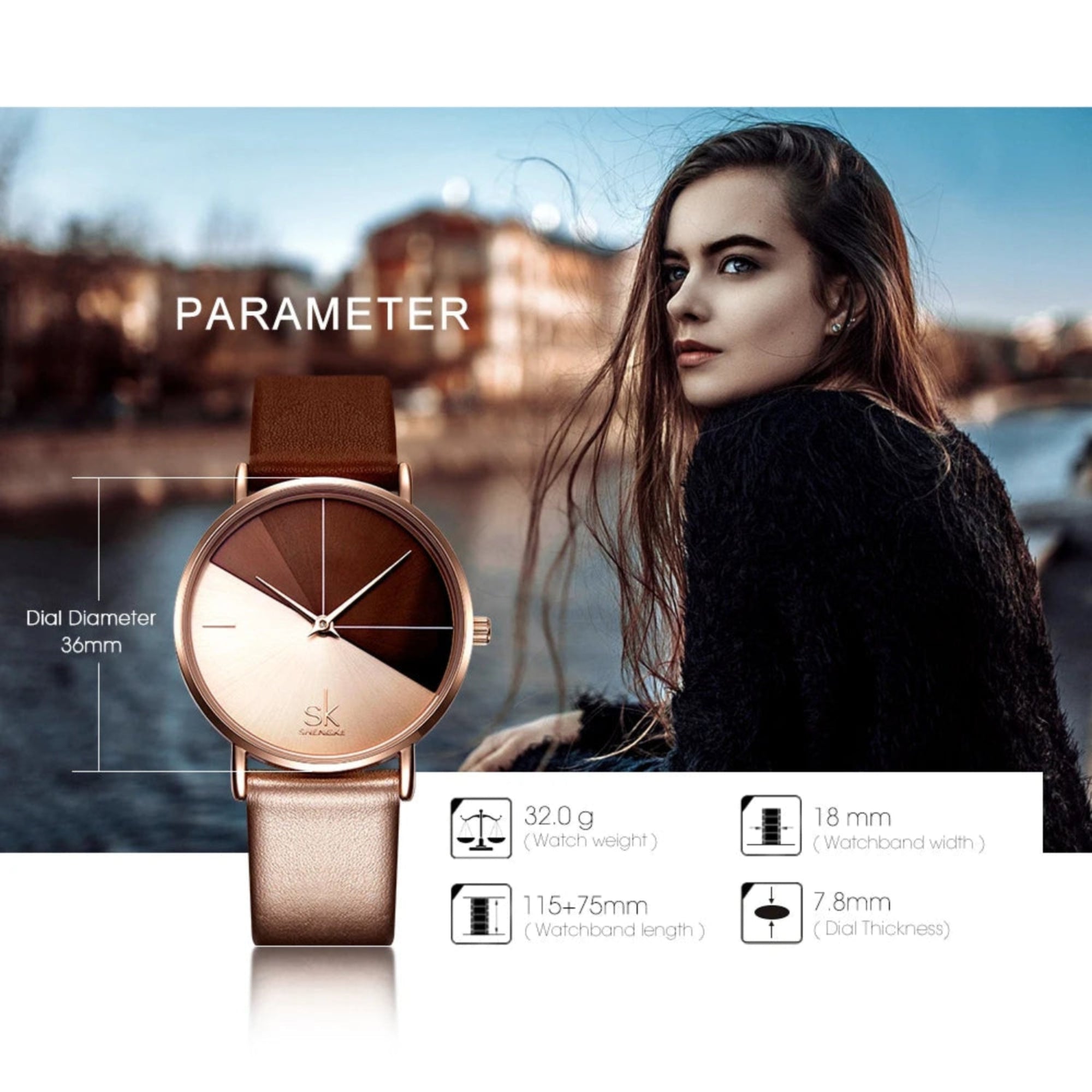 Woman sitting by a waterfront with a rose gold watch displayed on screen
