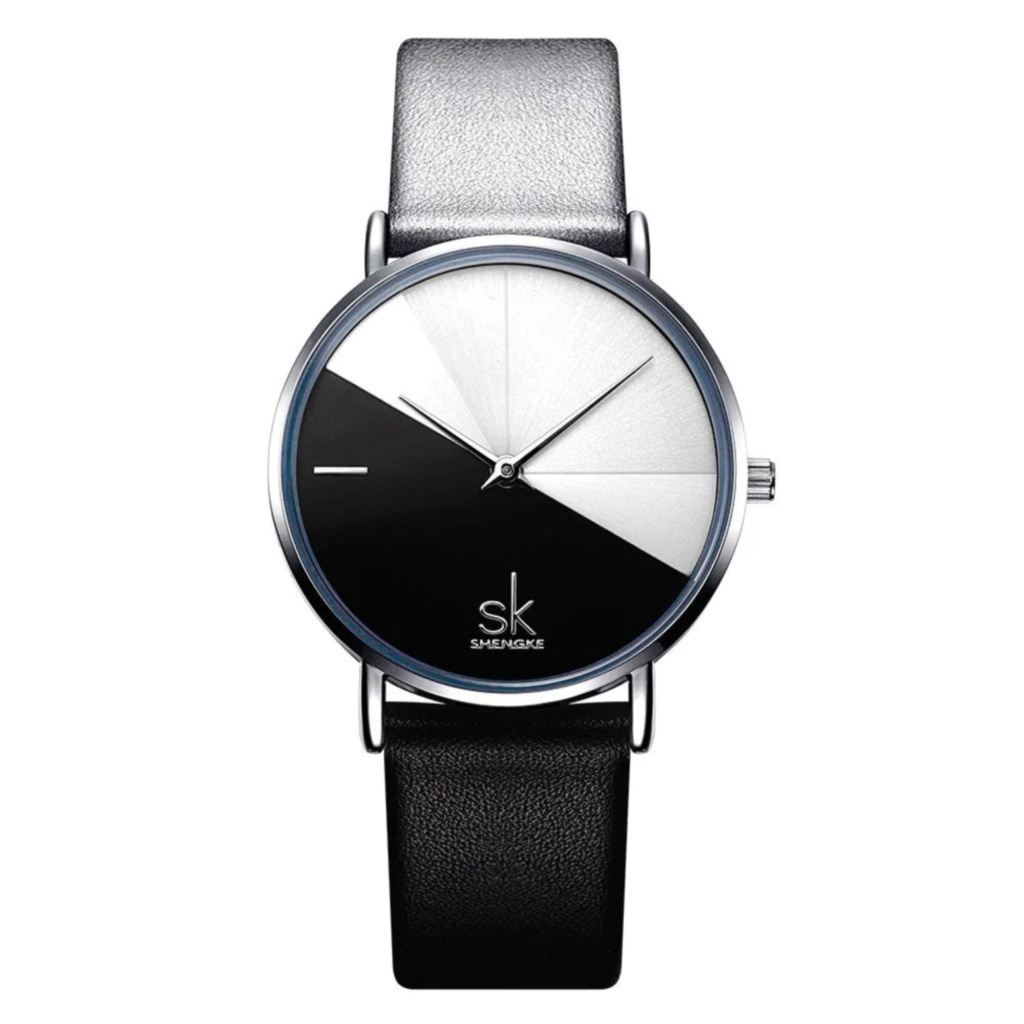 A woman wearing a Shengke quartz wristwatch with a silver case and a black gray leather strap.