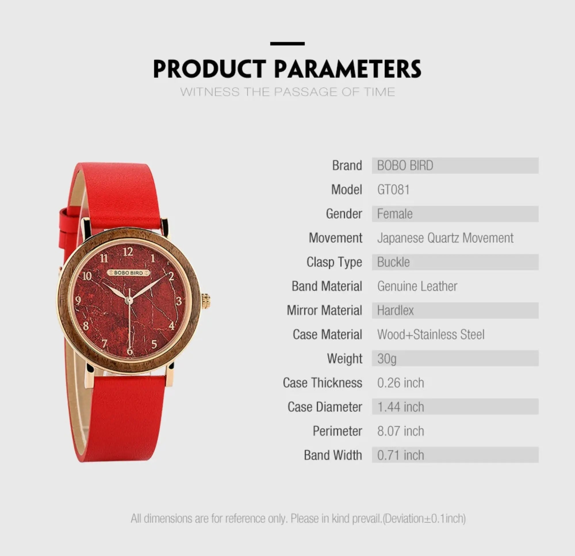 Red watch with product parameters on a white background