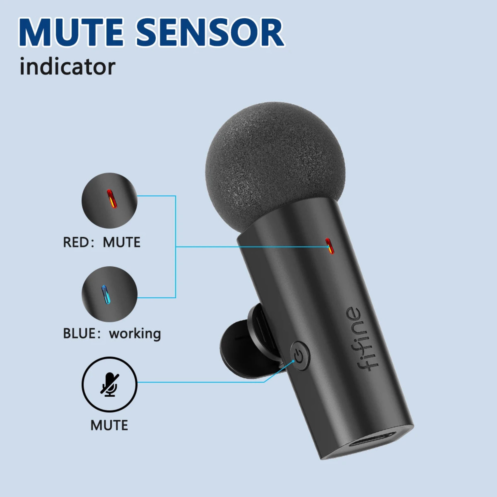 Black microphone with mute sensor indicator on a light blue background