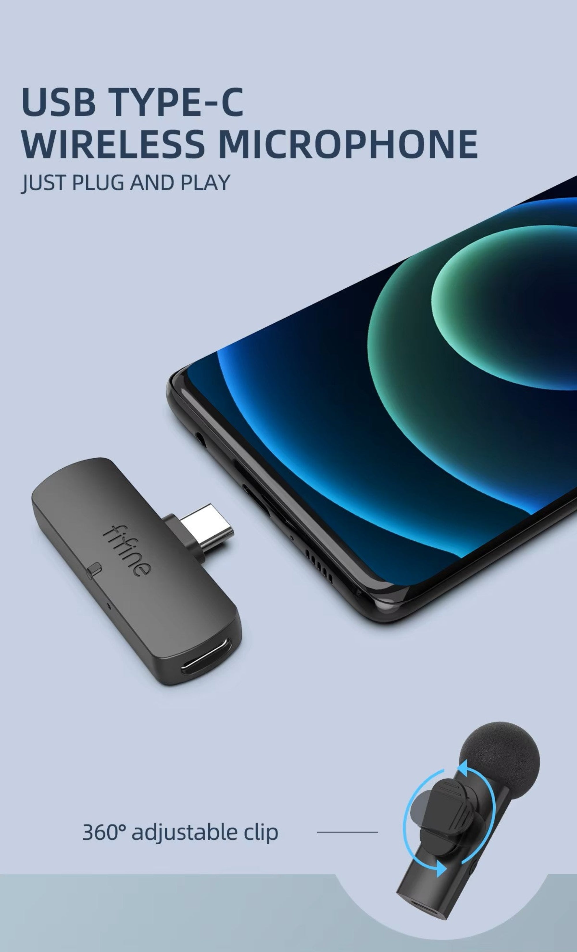 USB Type-C wireless microphone with smartphone and 360° clip on a light blue background