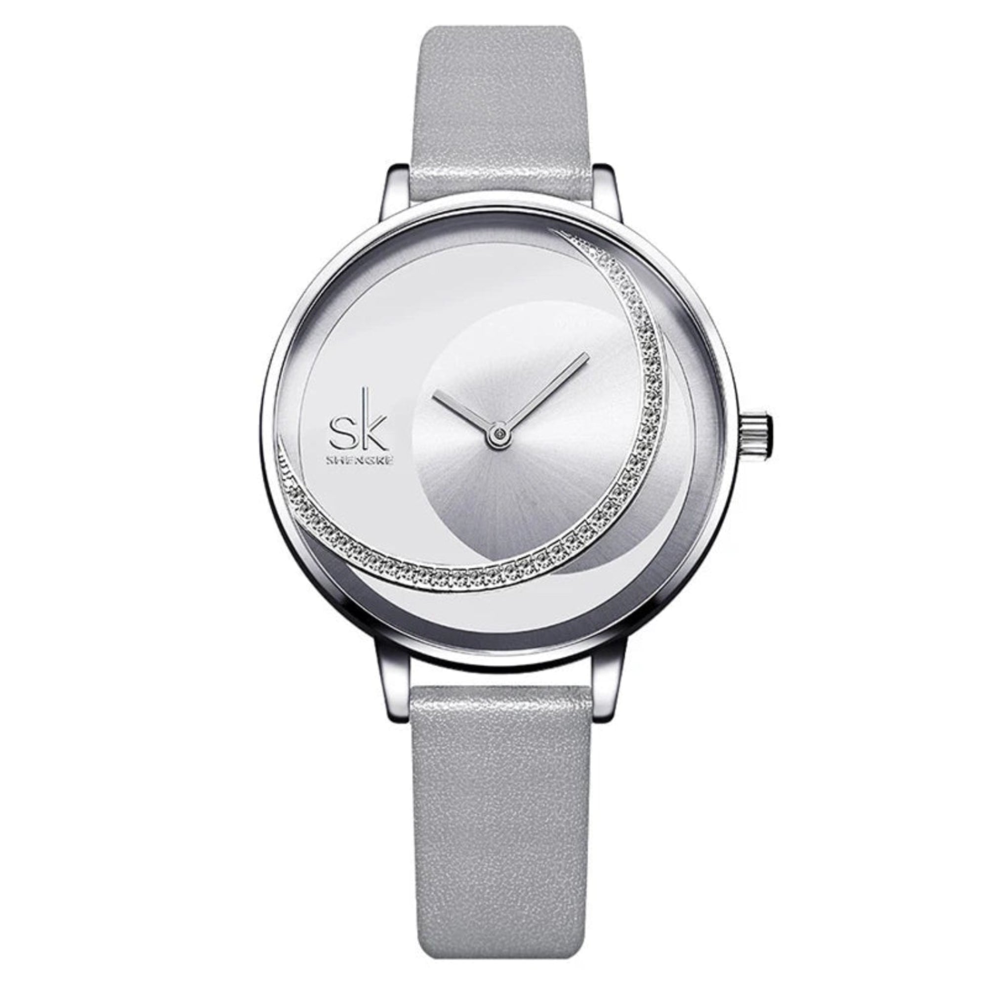 A woman wearing a Shengke brand analog watch with a silver case and a silver mesh band.