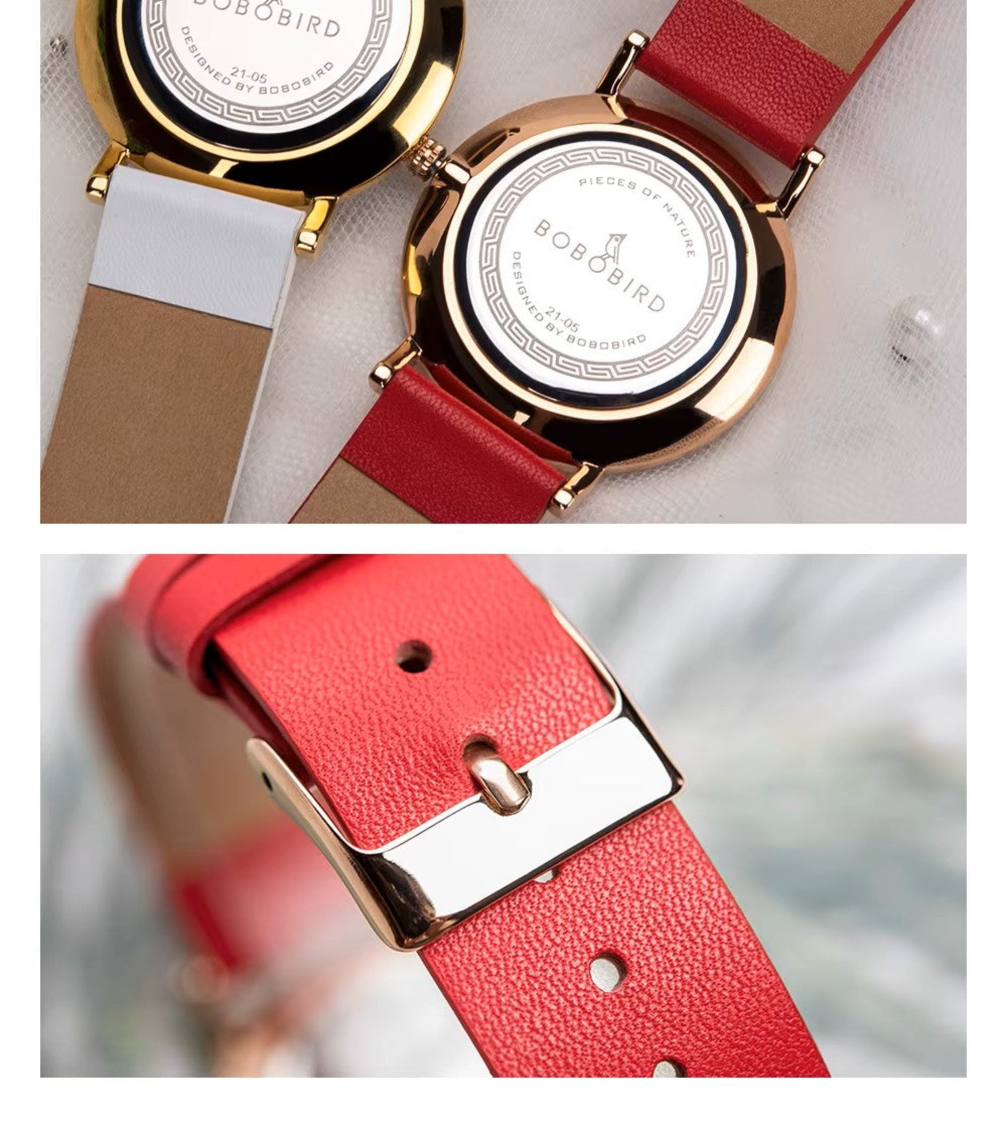 Watch with gold case and red leather strap on a white background