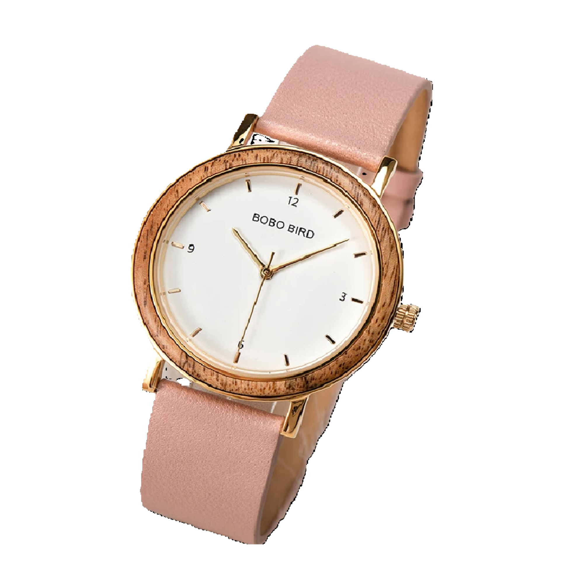 Watch with pink strap and wooden case on a white background