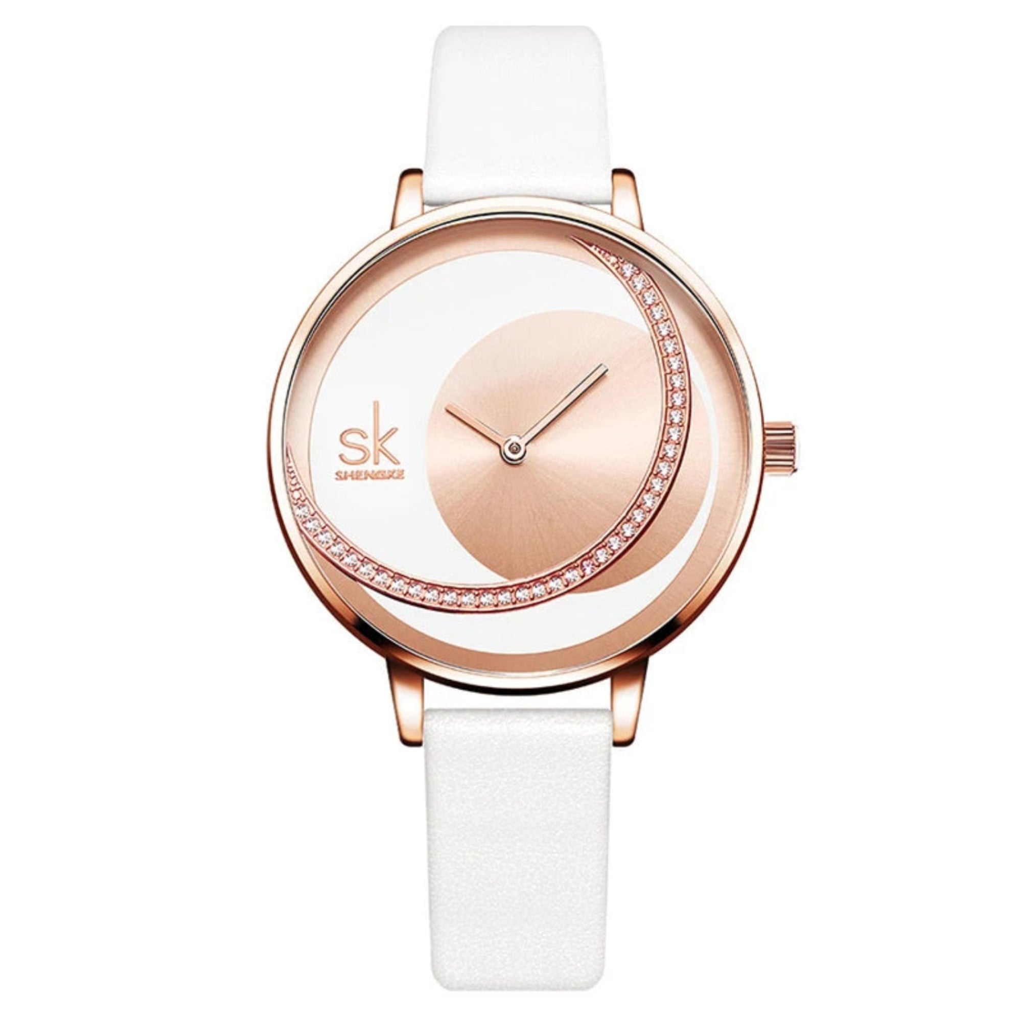 A woman wearing a Shengke brand analog watch with a rose gold case and a white mesh band.