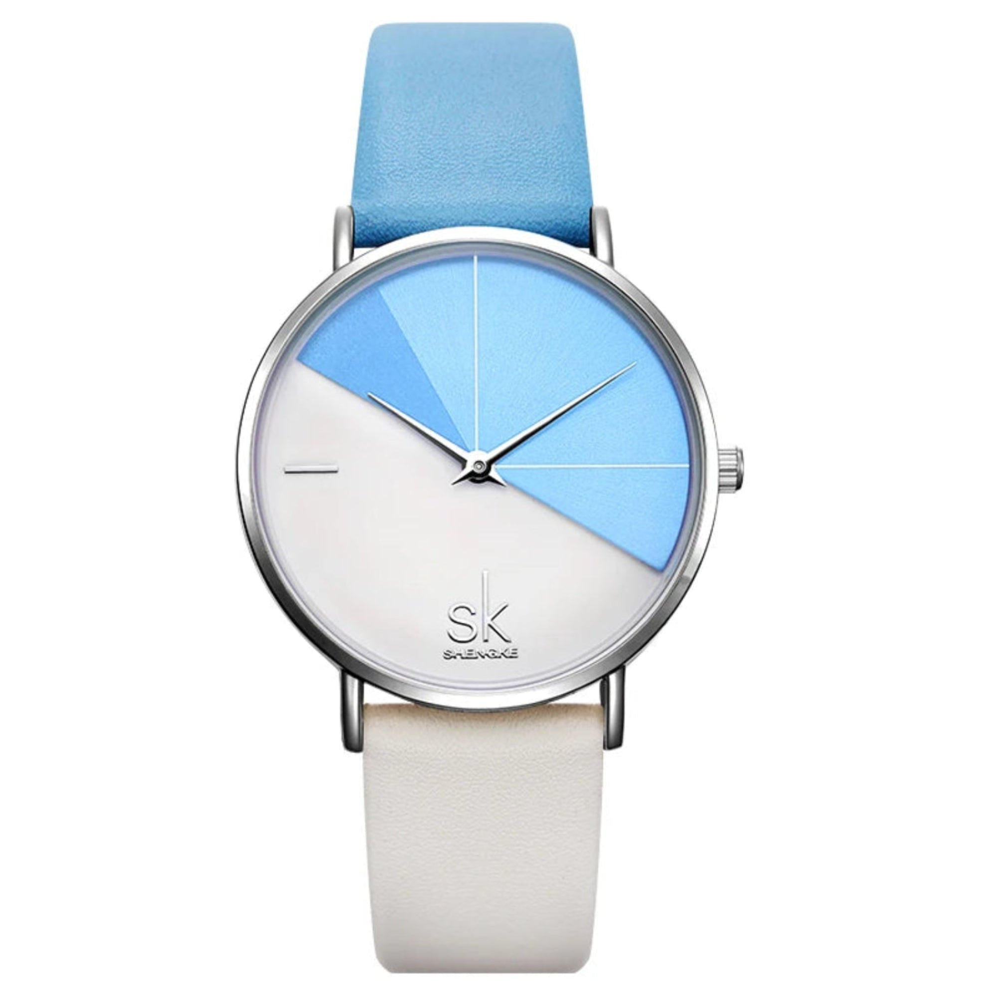 A woman wearing a Shengke quartz wristwatch with a silver case and a Blau white leather strap.