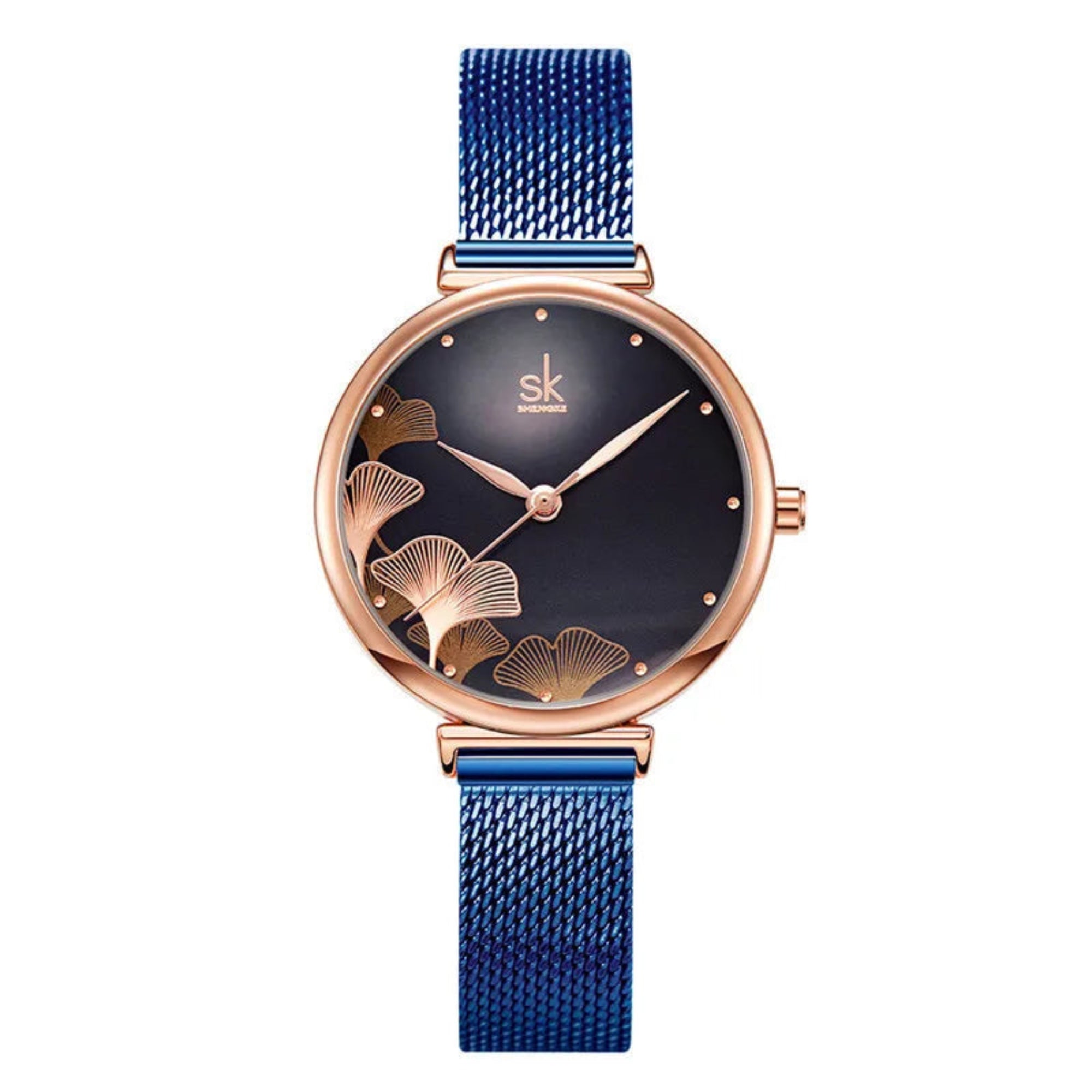A woman's wristwatch with a brown mesh band and a rose gold case, featuring a floral pattern on the dial.