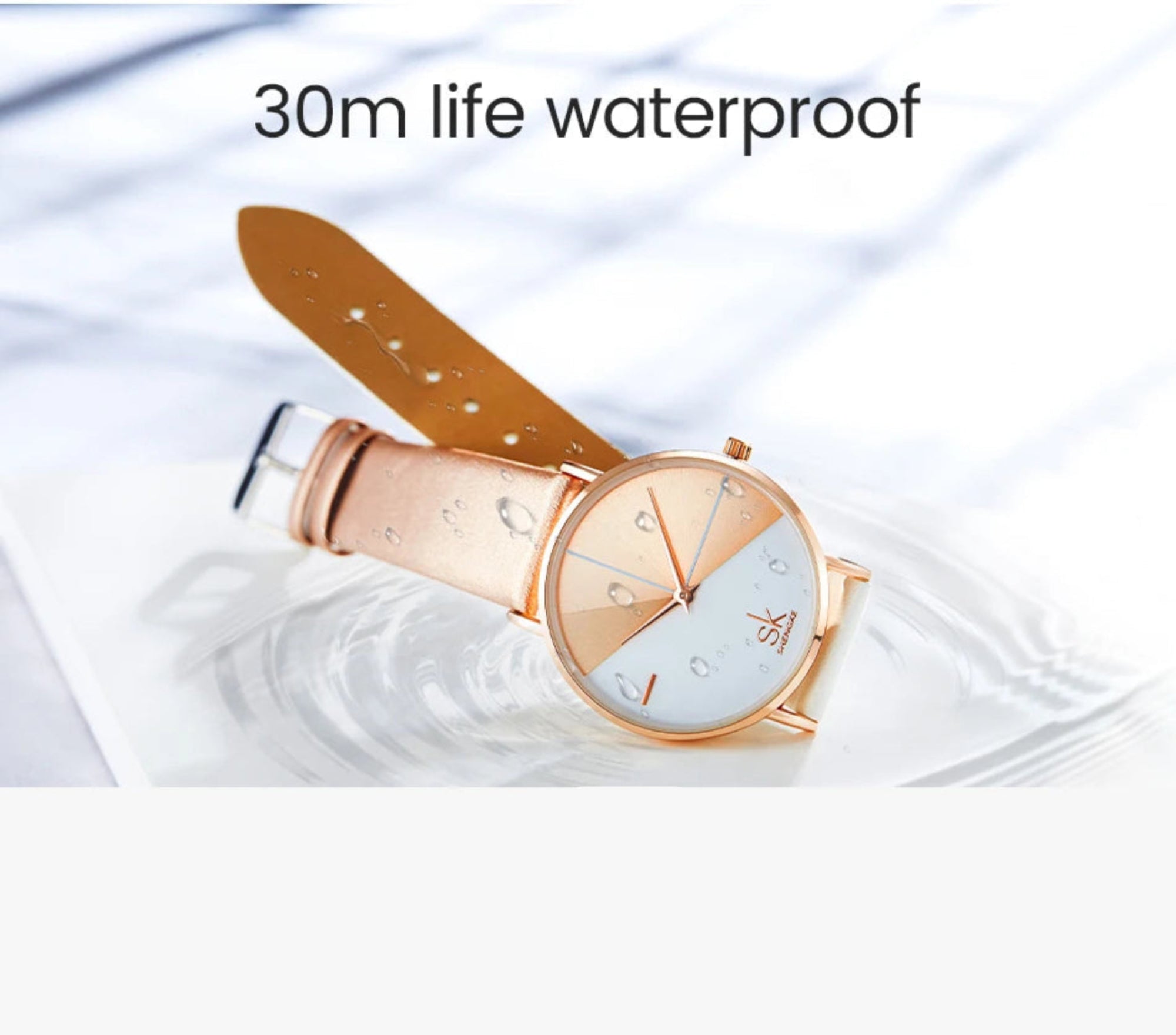 Rose gold watch with water resistance text on a water-themed background