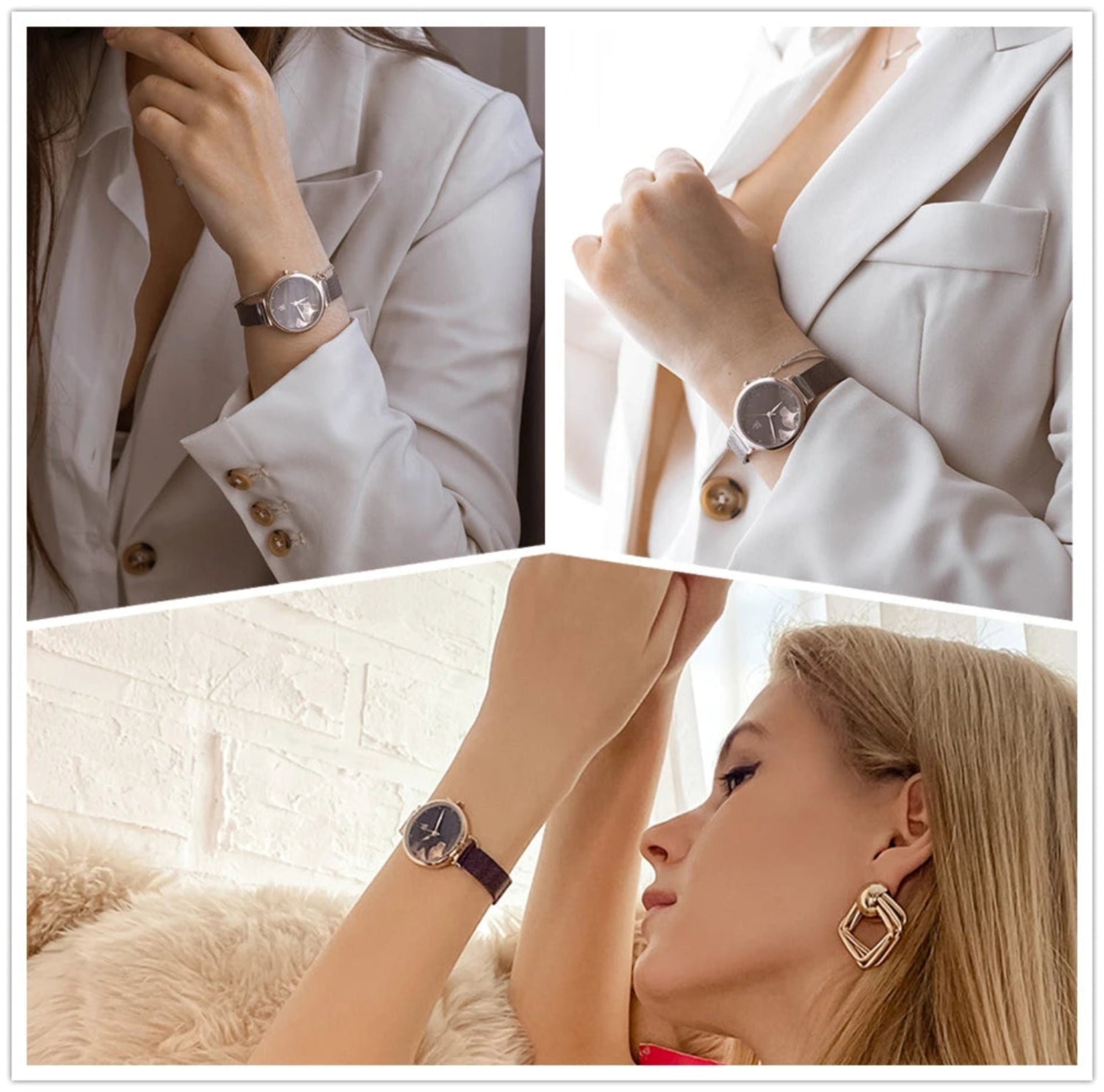 Collage of a woman wearing a watch and earrings, with close-ups of the jewelry.