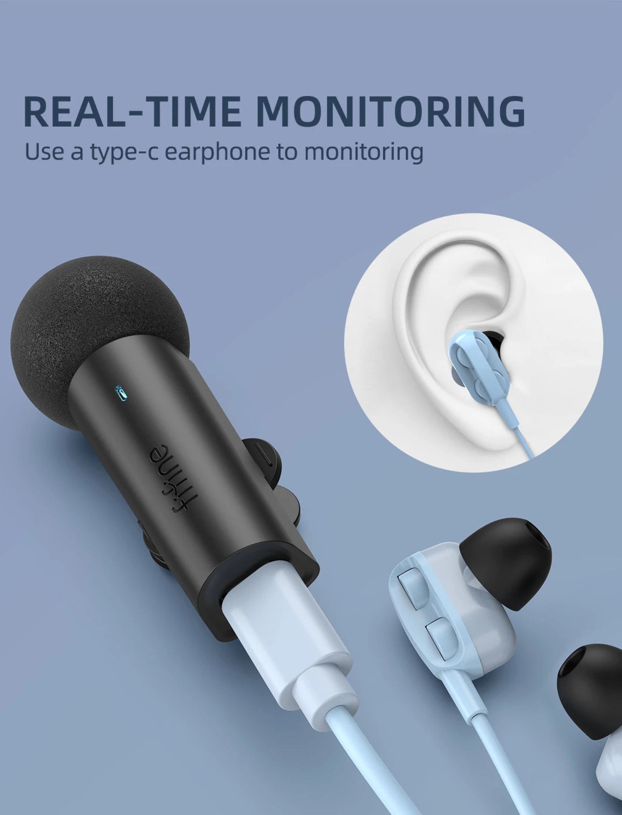 Type-C earphone with microphone for real-time monitoring on a blue background