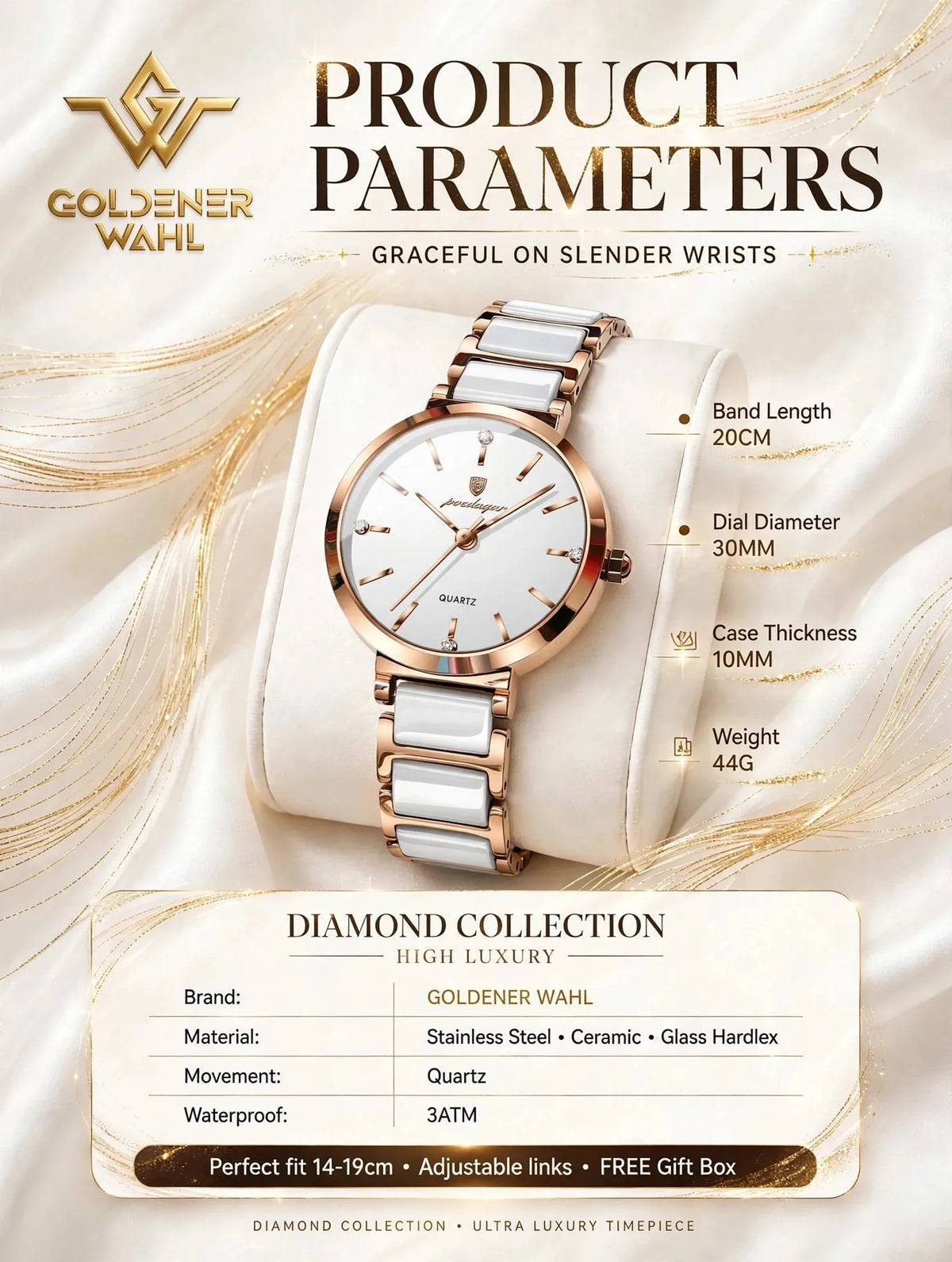 Goldener Wahl Diamond Collection watch with a white dial and silver-and-gold-tone metal bracelet, shown on a white display stand with product specifications and feature callouts on a cream satin background.