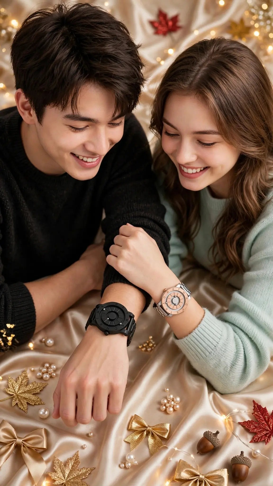 Another young couple man in black sweater wearing exact all black magnetic ball watch and woman in mint sweater wearing exact silver rose gold magnetic ball watch, holding wrists together smiling looking at watches, champagne silk gold glitter maple leaves red glitter maple acorns pearls gold bows fairy lights - luxury mobile vertical banner no text - Goldener Wahl