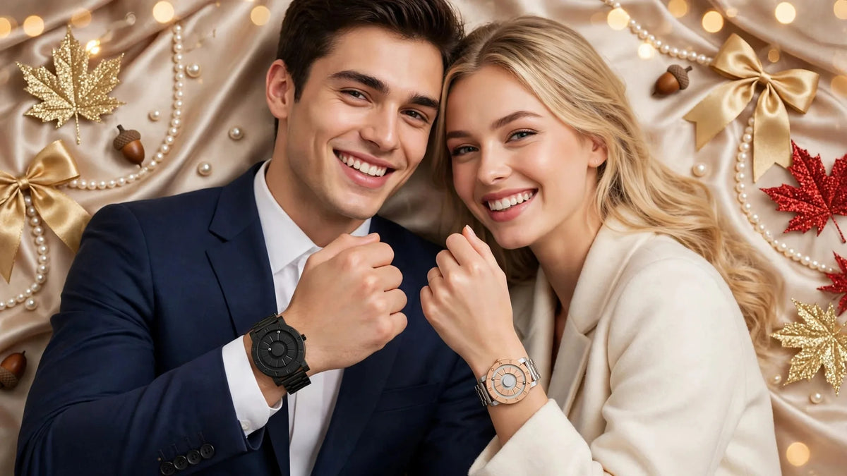 Handsome young man in navy formal suit wearing exact black MAGNET magnetic ball watch and blonde woman in cream coat wearing exact silver rose gold MAGNET watch, both smiling raising wrists to show watches, champagne silk background gold glitter maple leaves red glitter maple pearls acorns gold satin bows fairy lights - luxury lifestyle banner no text - Goldener Wahl