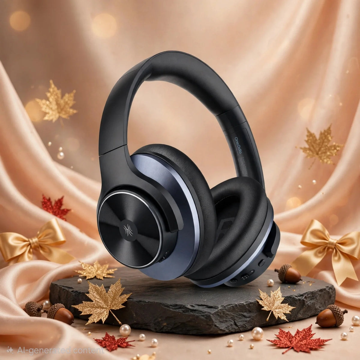 OneOdio black wireless over-ear headphones on dark slate podium with
champagne silk background, gold and red glitter maple leaves, pearls, acorns and gold bows - Autumn Collection 2026
Goldener Wahl