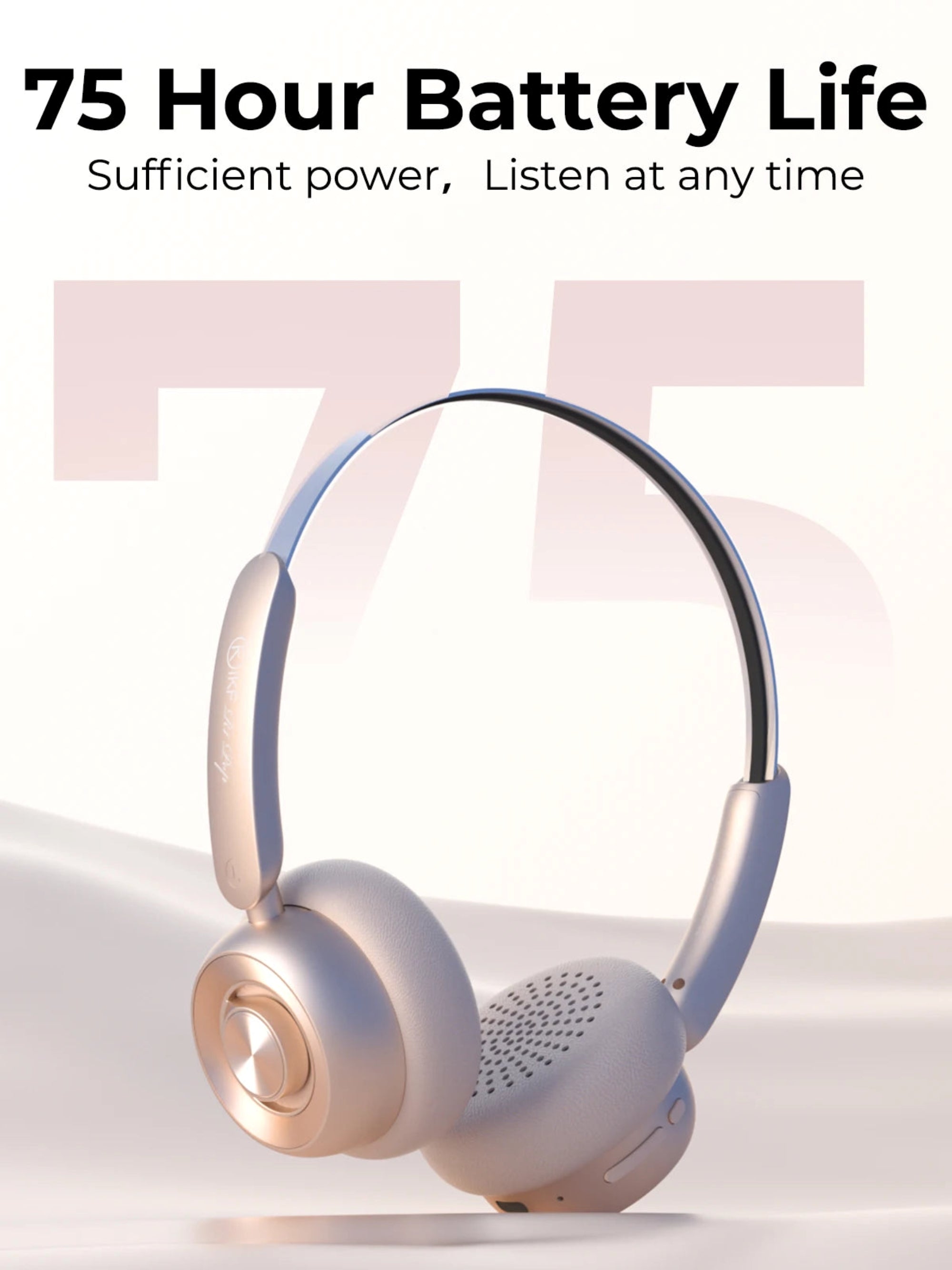 White headphones with a pinkish-beige background and text about battery life.