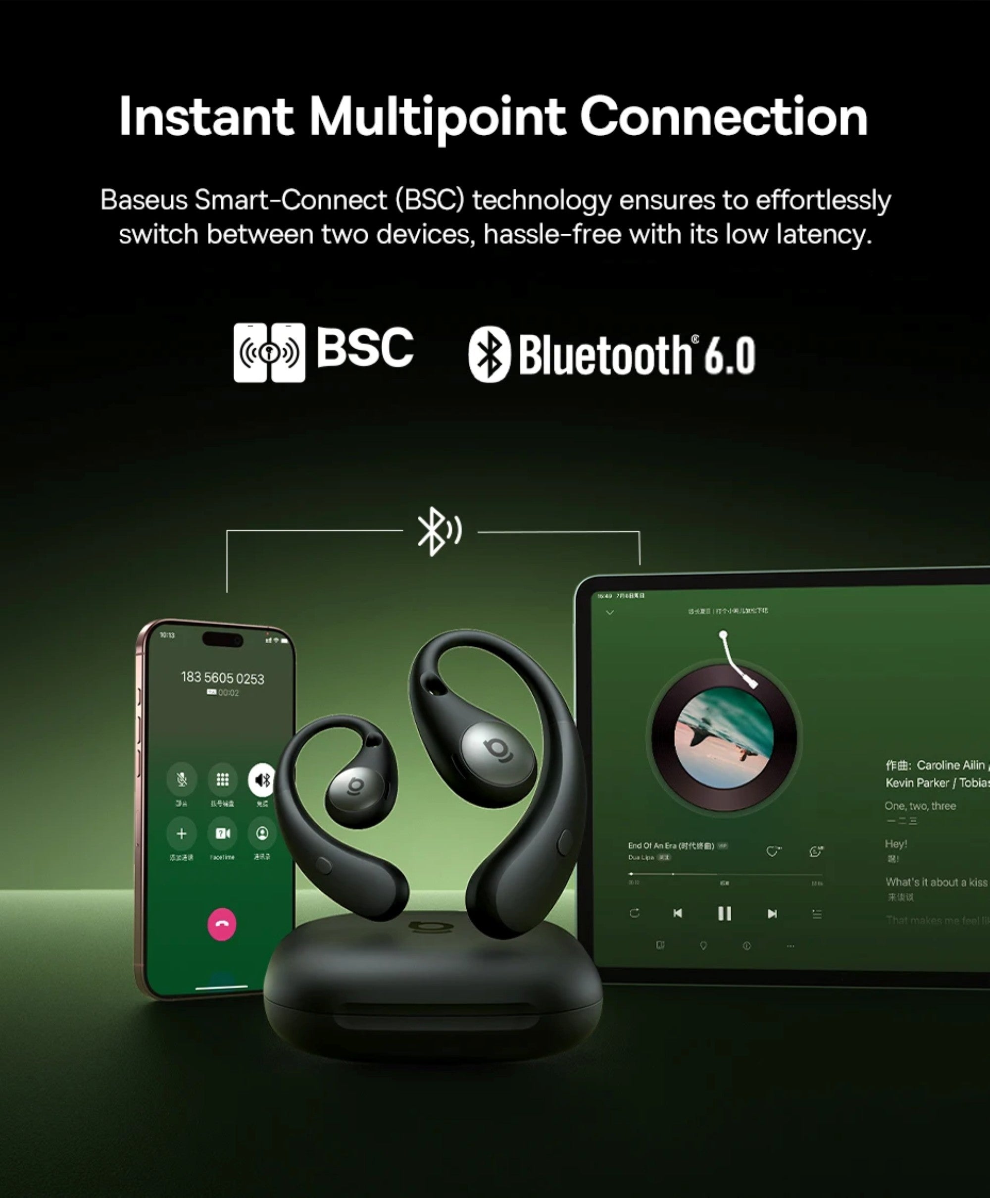 Black wireless earbuds with charging station, smartphone, and tablet on a dark background with text about BSC and Bluetooth 6.0 technology.