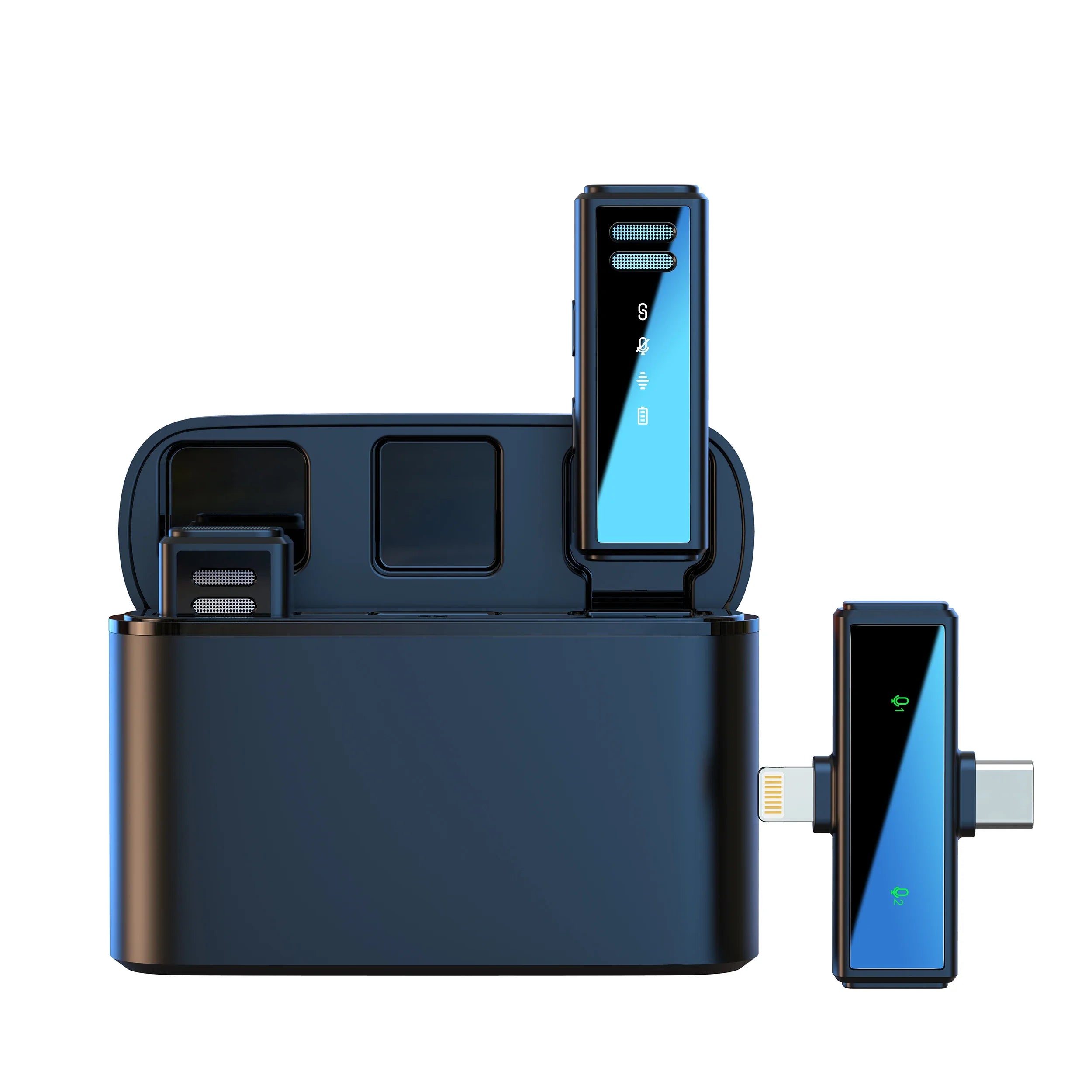 The image shows a wireless lavalier microphone set including a transmitter, a charging box, and a digital display showing battery life. The product is marketed as a new release with an enhanced audio chip.