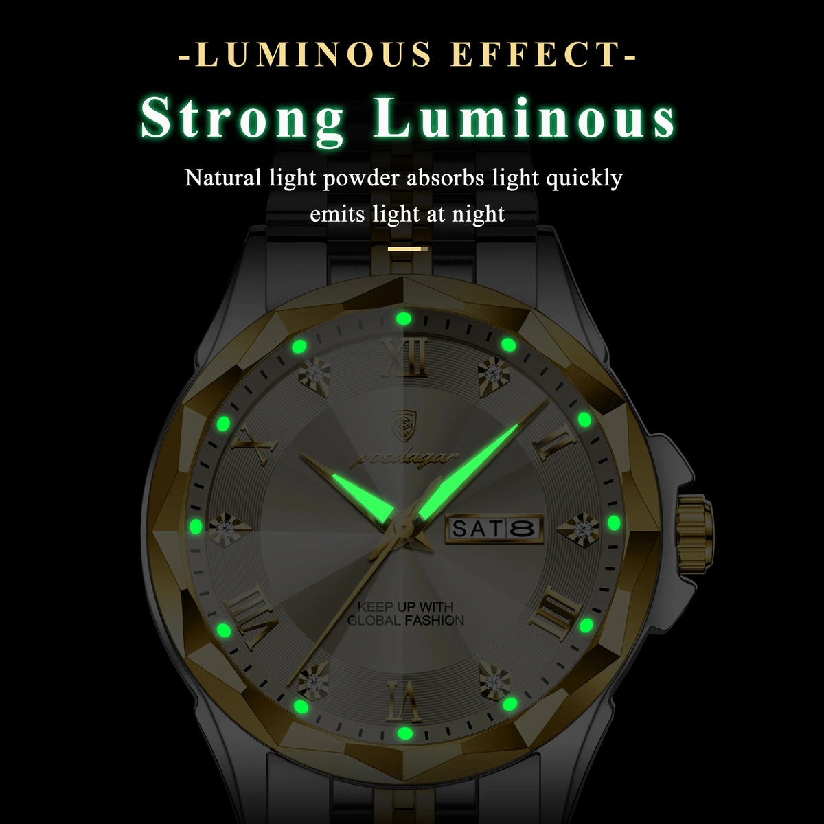 A dark metallic wristwatch with a luminous green dial and bright green glowing hour markers, shown against a black background with promotional text about luminescence.
