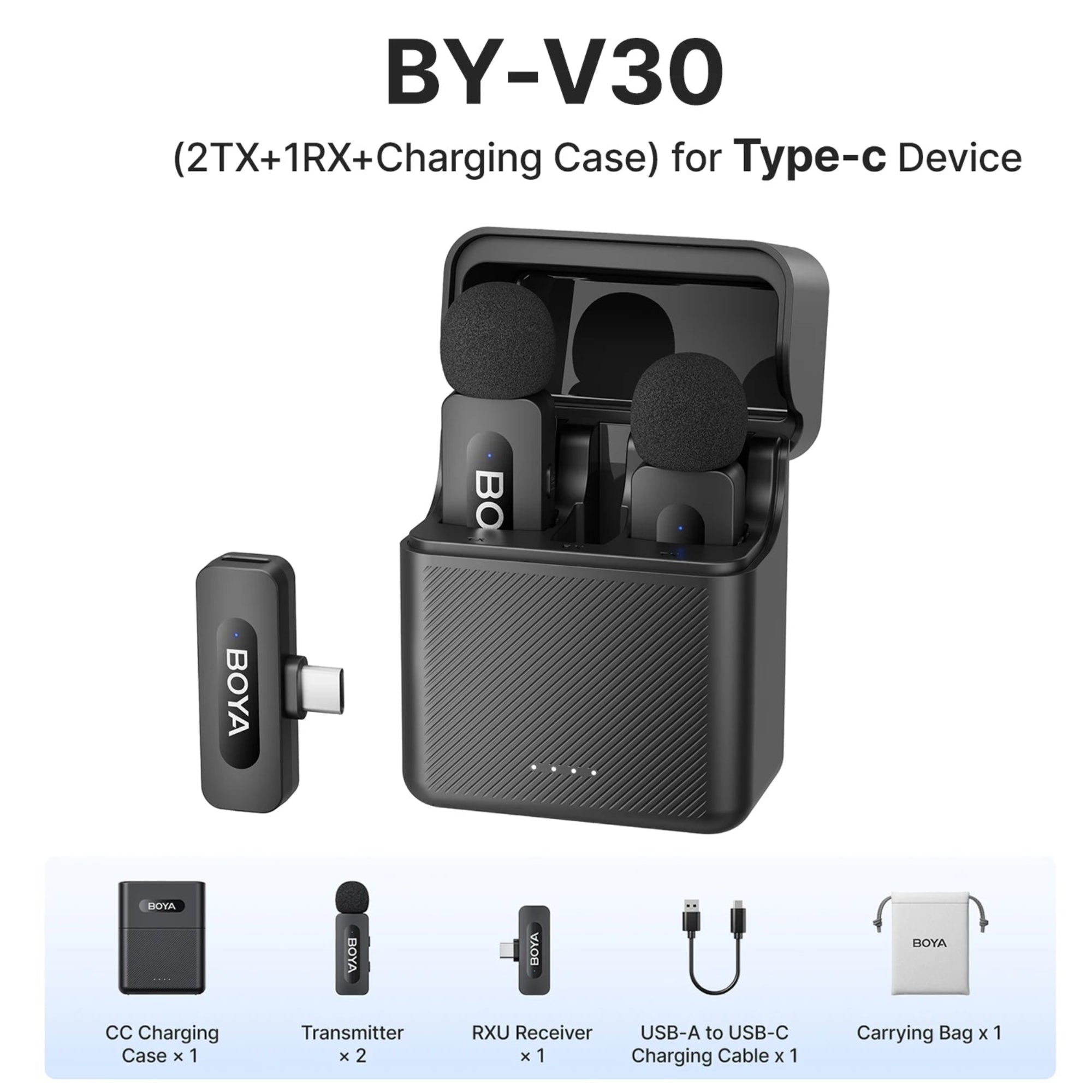 BOYA BY-V30 wireless microphone system with charging case on a white background