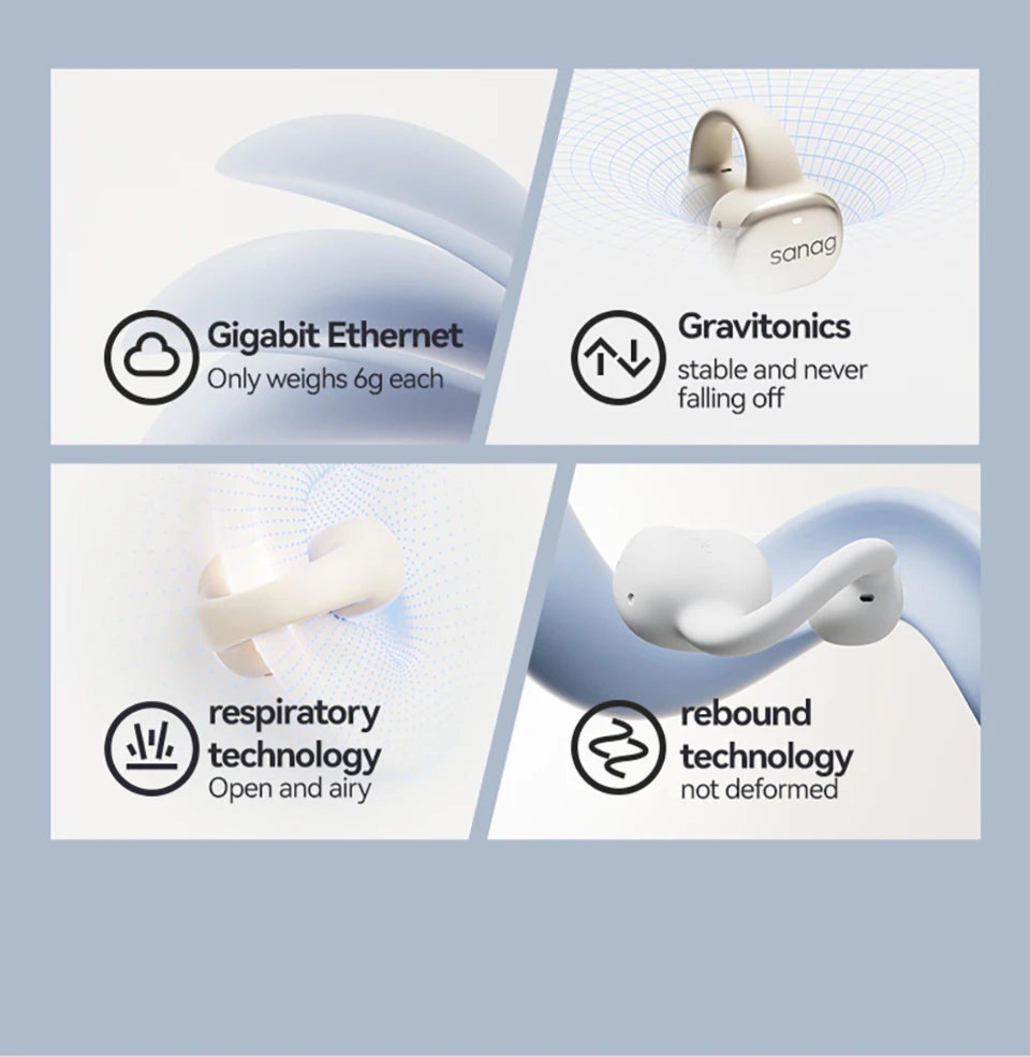 Product features with icons and text on a light blue background