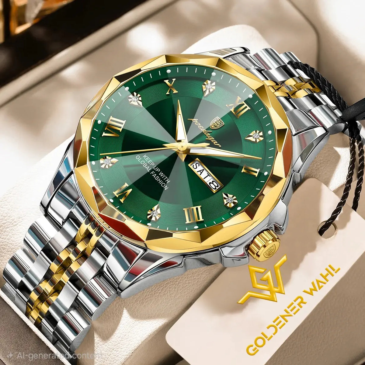 Gold and silver two-tone wristwatch with a green dial and faceted bezel, displayed on a beige surface with a Goldener Wahl brand tag.