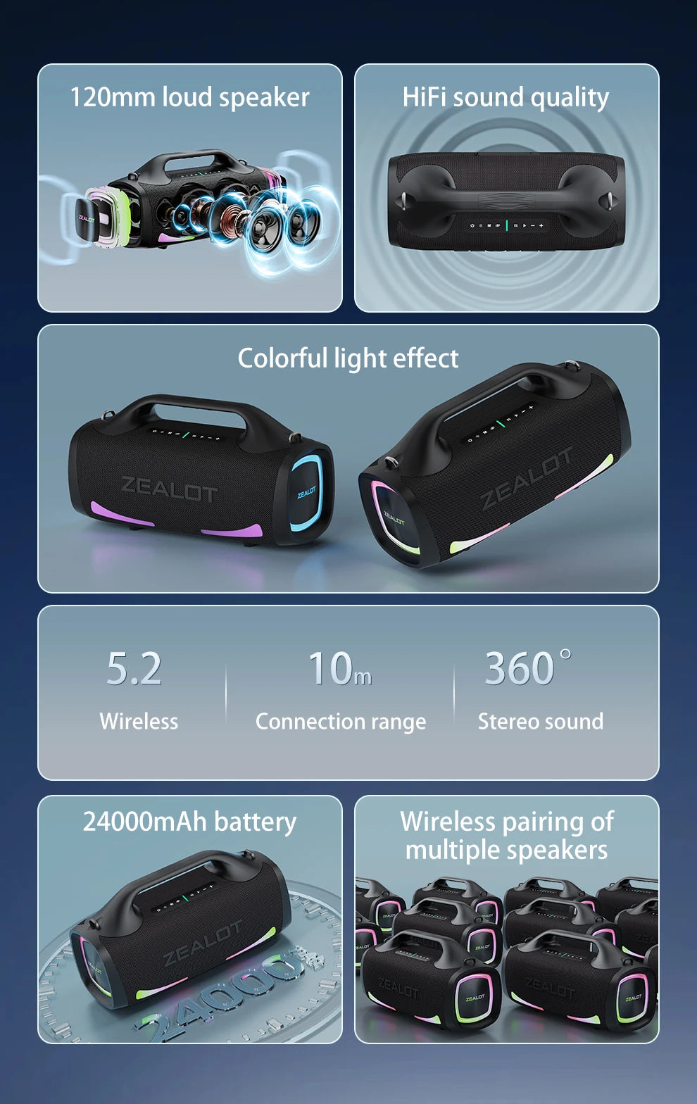 Zealot S79 100W Portable Speaker - Wireless Outdoor HiFi Sound 24000mAh Zealot