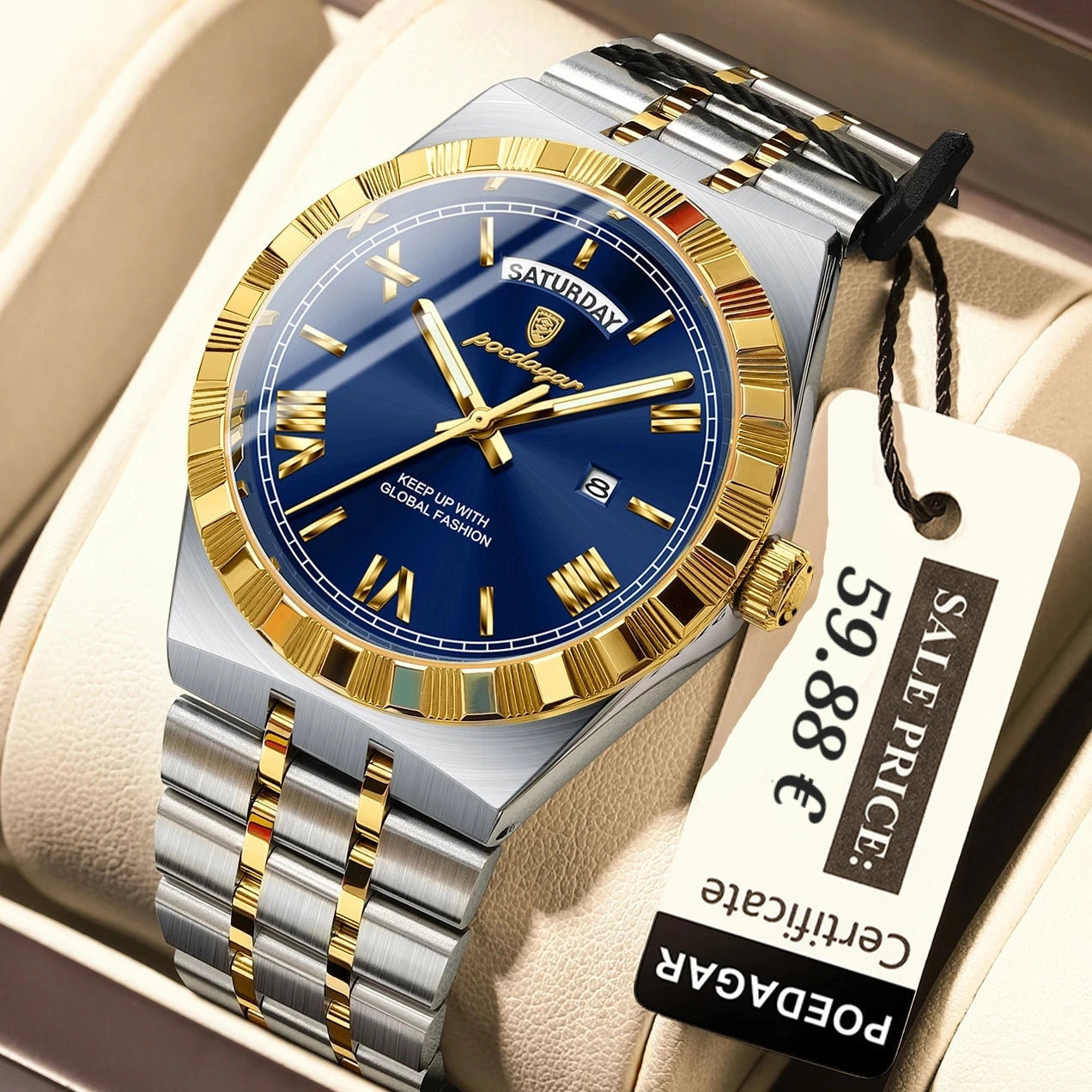 A luxury-style wristwatch with a blue dial, gold-tone markers and bezel, and a two-tone silver and gold metal bracelet, displayed inside a beige watch box with a sale tag attached.