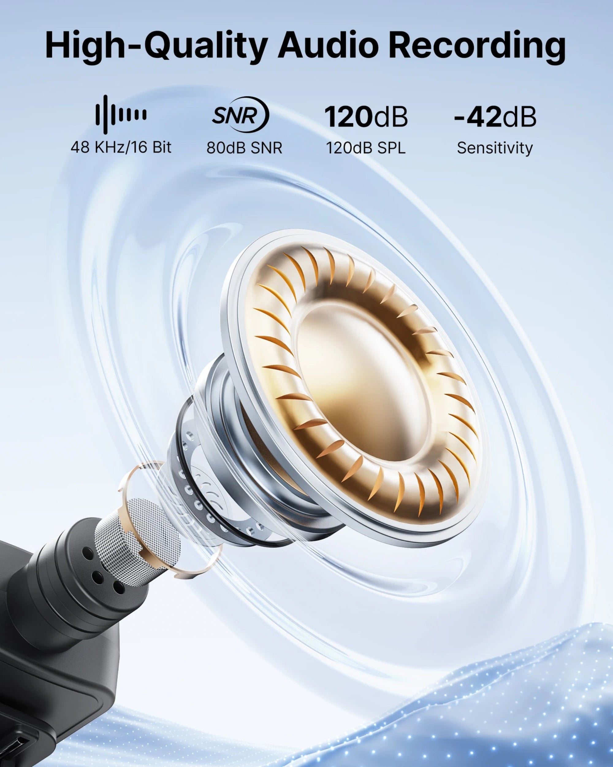 High-quality audio recording equipment with technical specifications on a light blue background