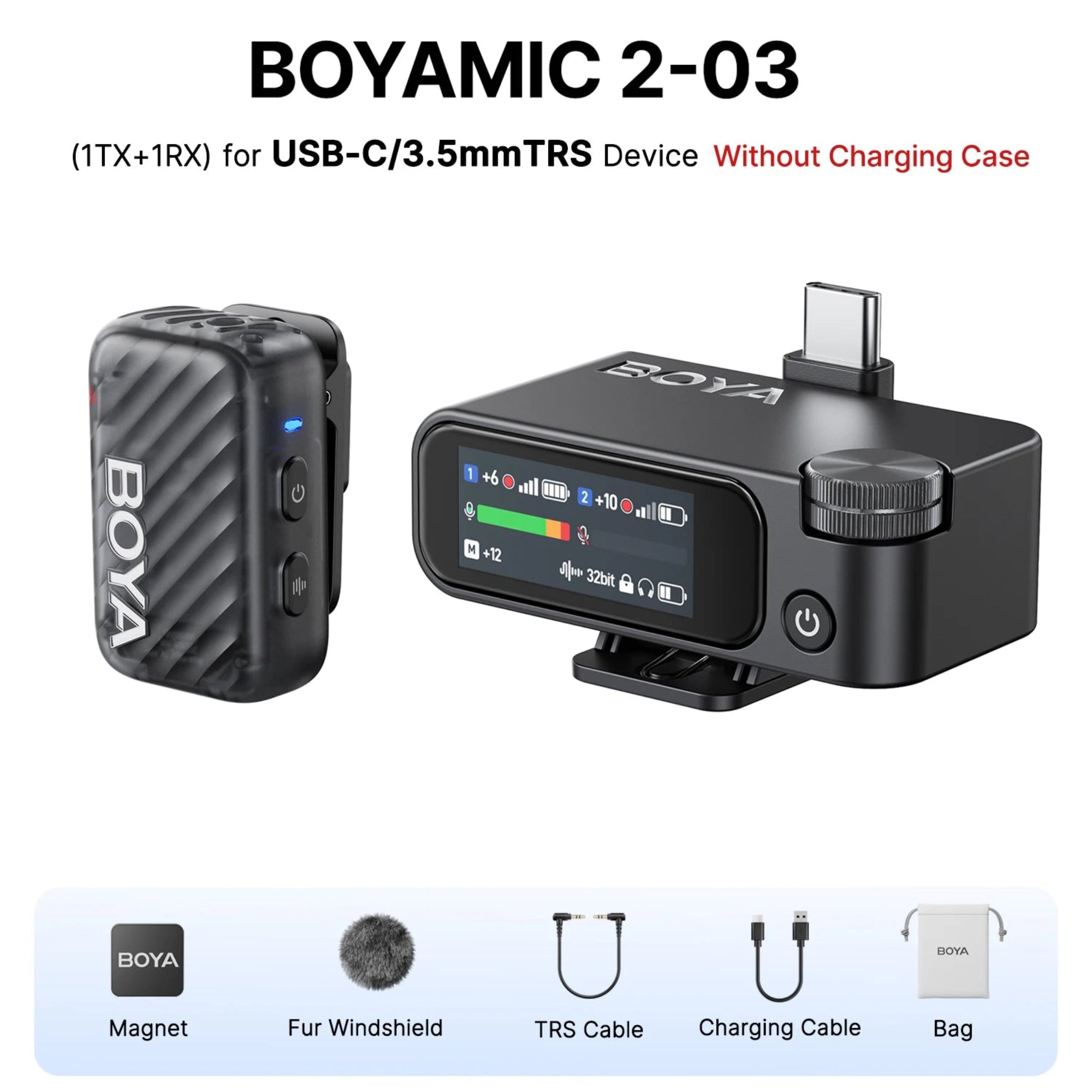 BOYAMIC 2-03 wireless microphone transmitter and receiver with BOYA branding on a white background.