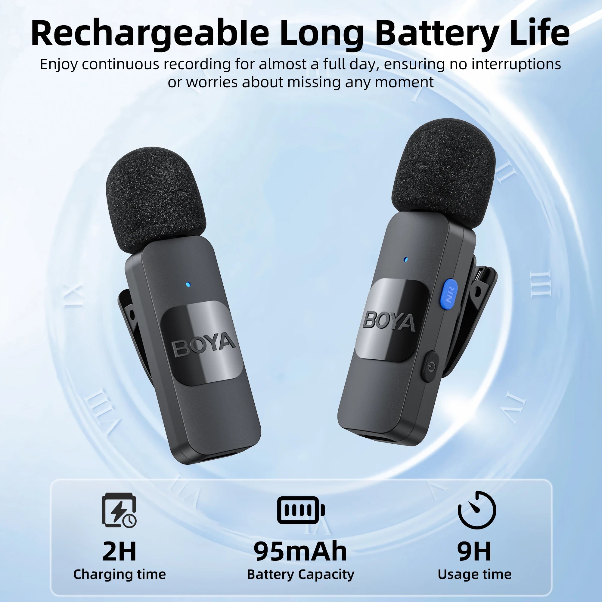 Two BOYA microphones with charging, battery capacity, and usage time information on a light blue background.