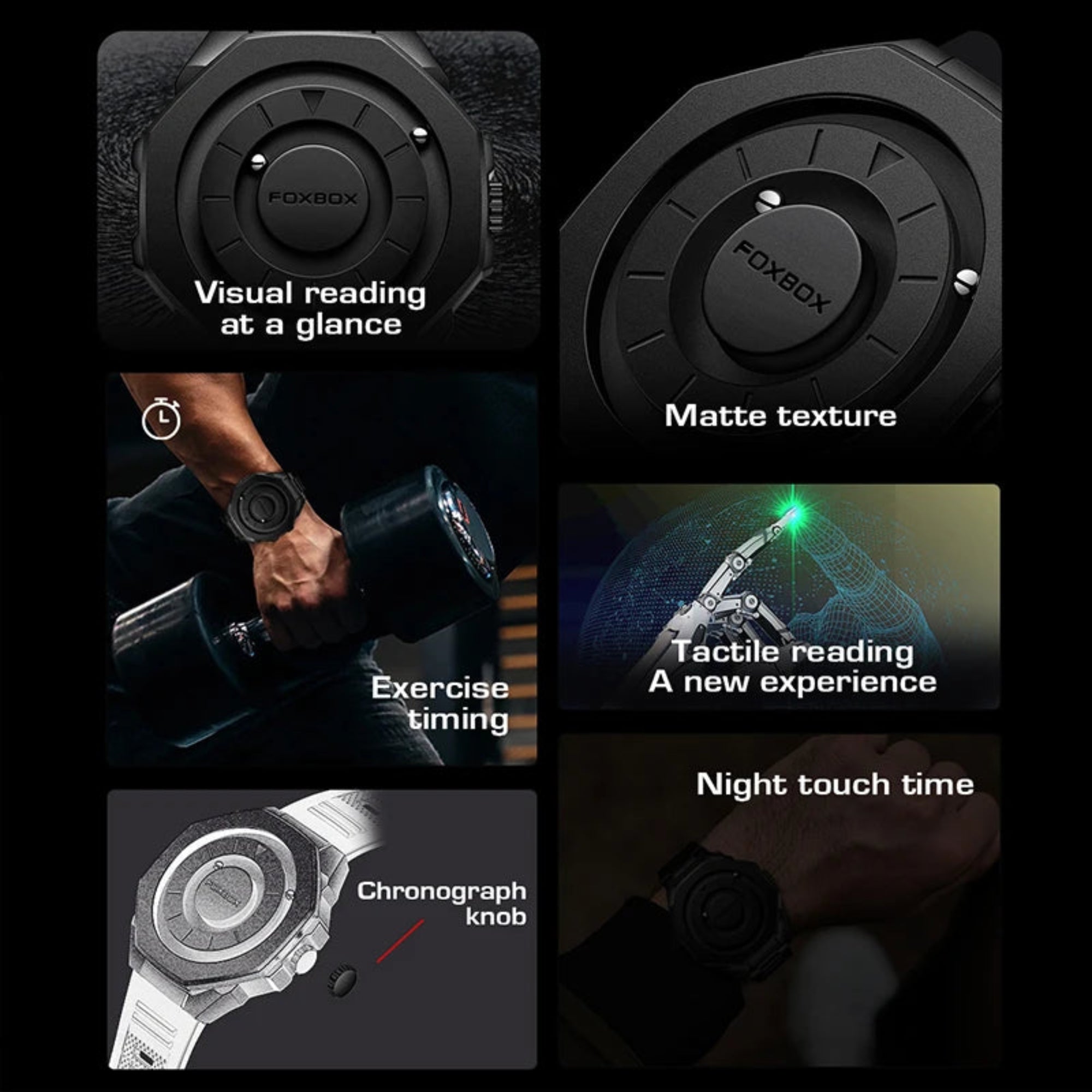 Collage of features and uses of a FOXBOX product with text labels.