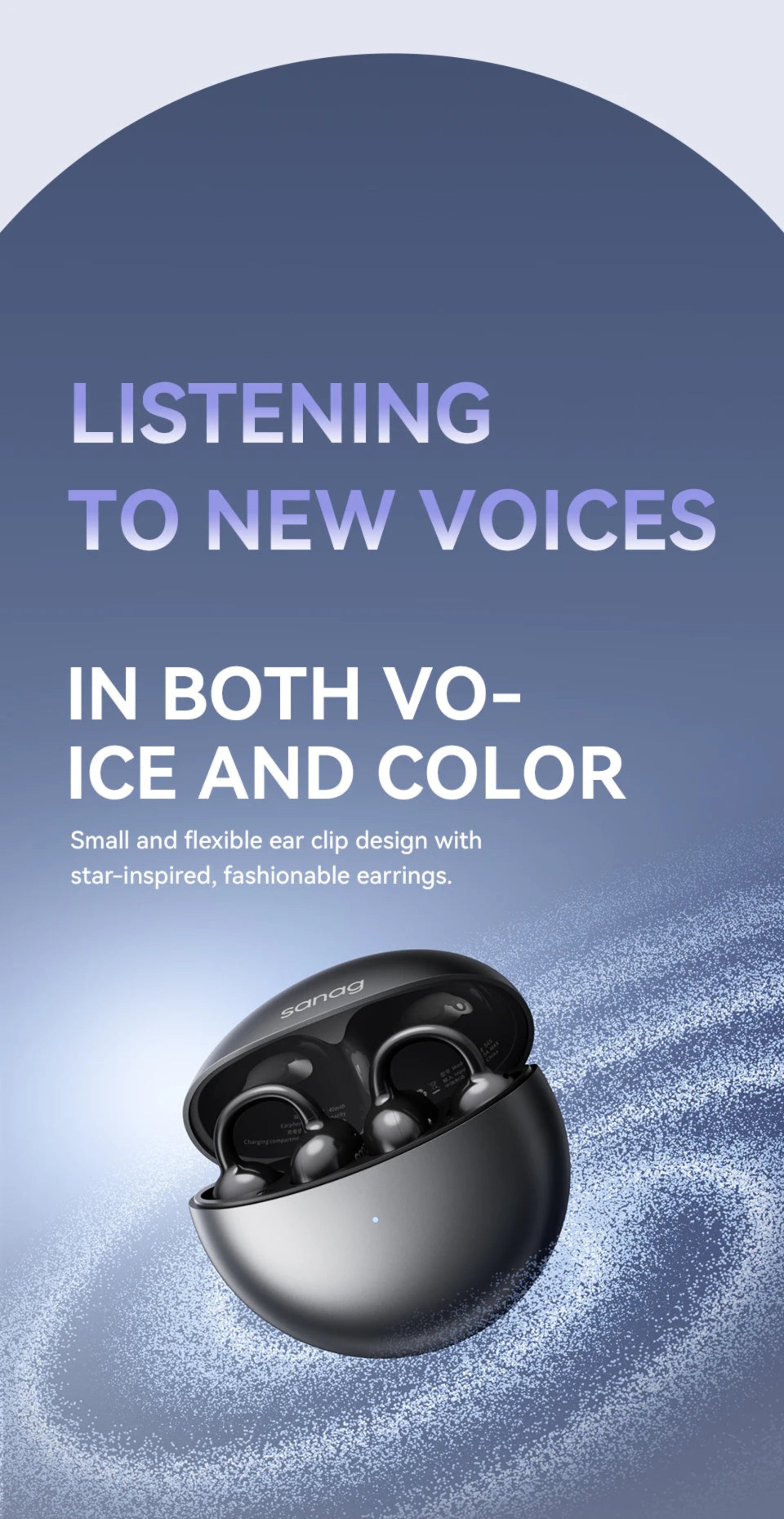 Black earbud case with text on a blue gradient background