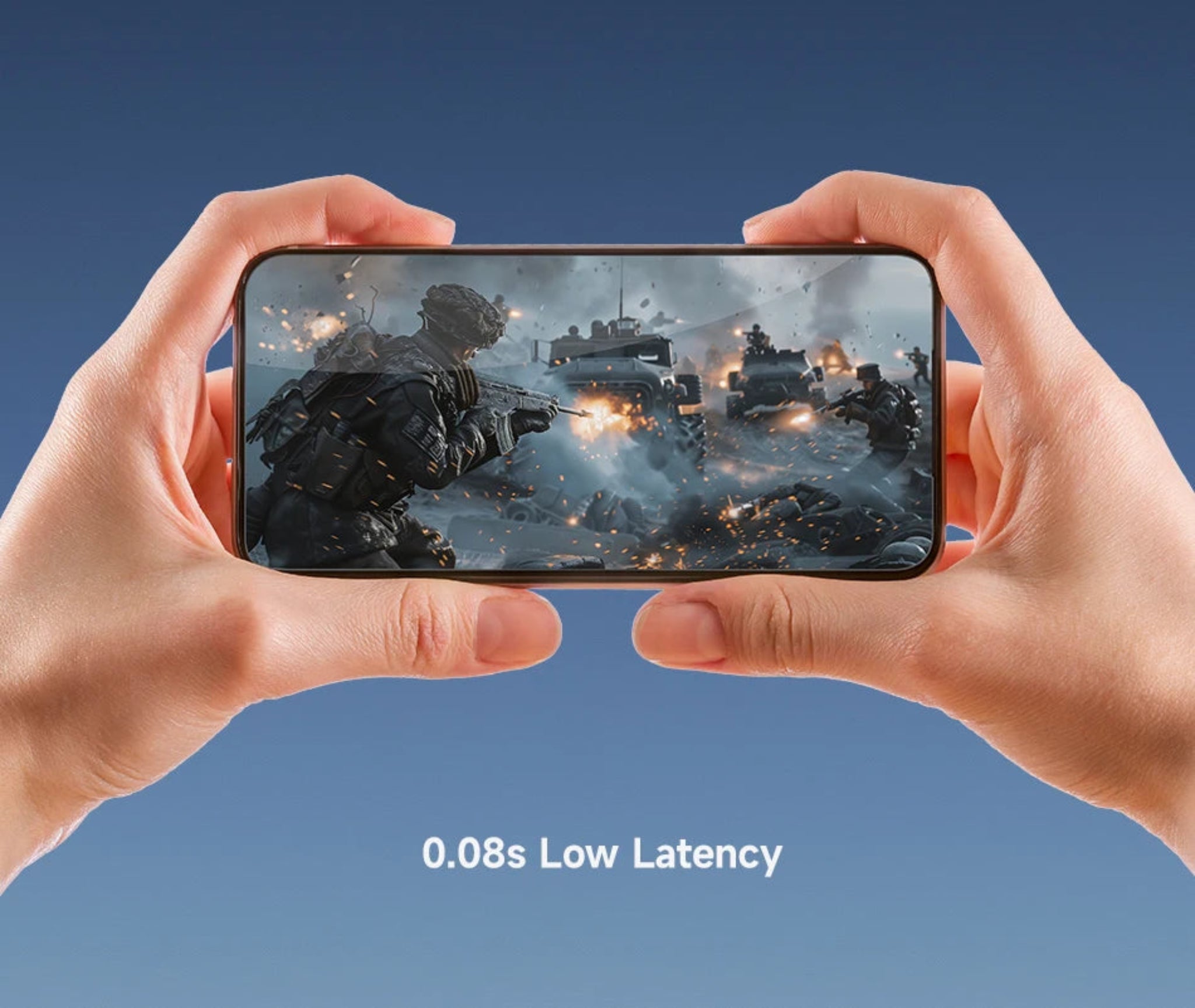Person holding a smartphone displaying a high-intensity game scene with '0.08s Low Latency' text.