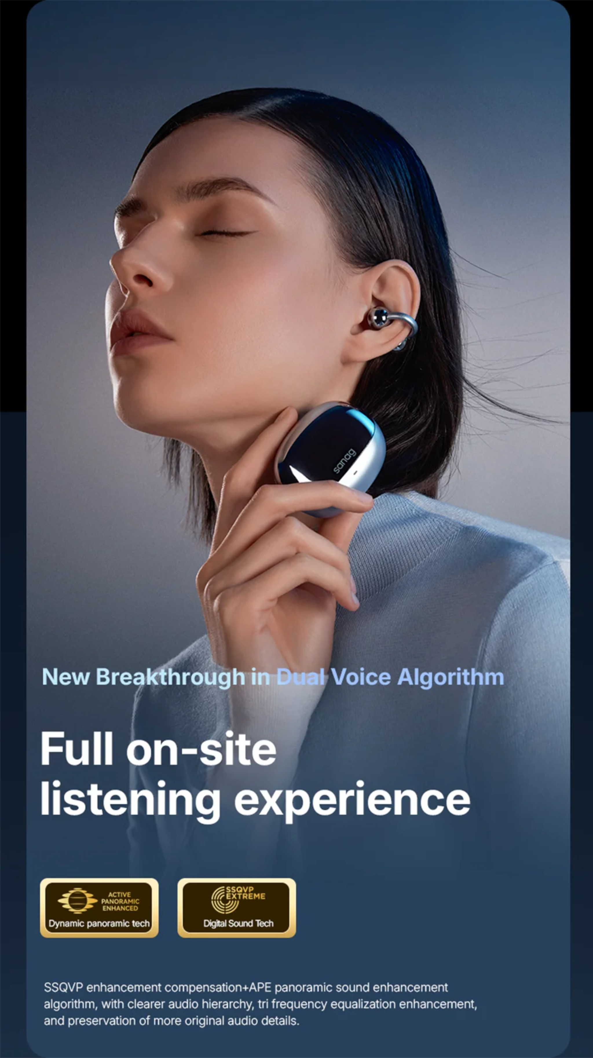 Person wearing wireless earbuds with text about a new breakthrough in dual voice algorithm and full on-site listening experience.