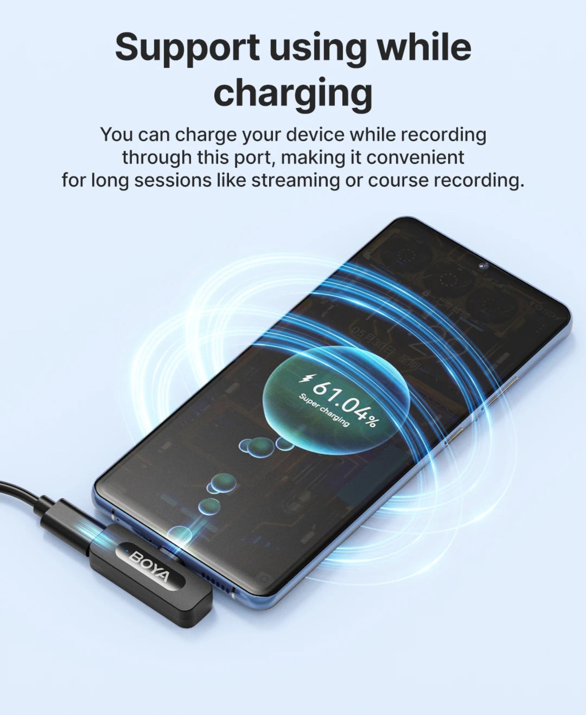 Phone with charging cable and display showing battery charging, on a light blue background.