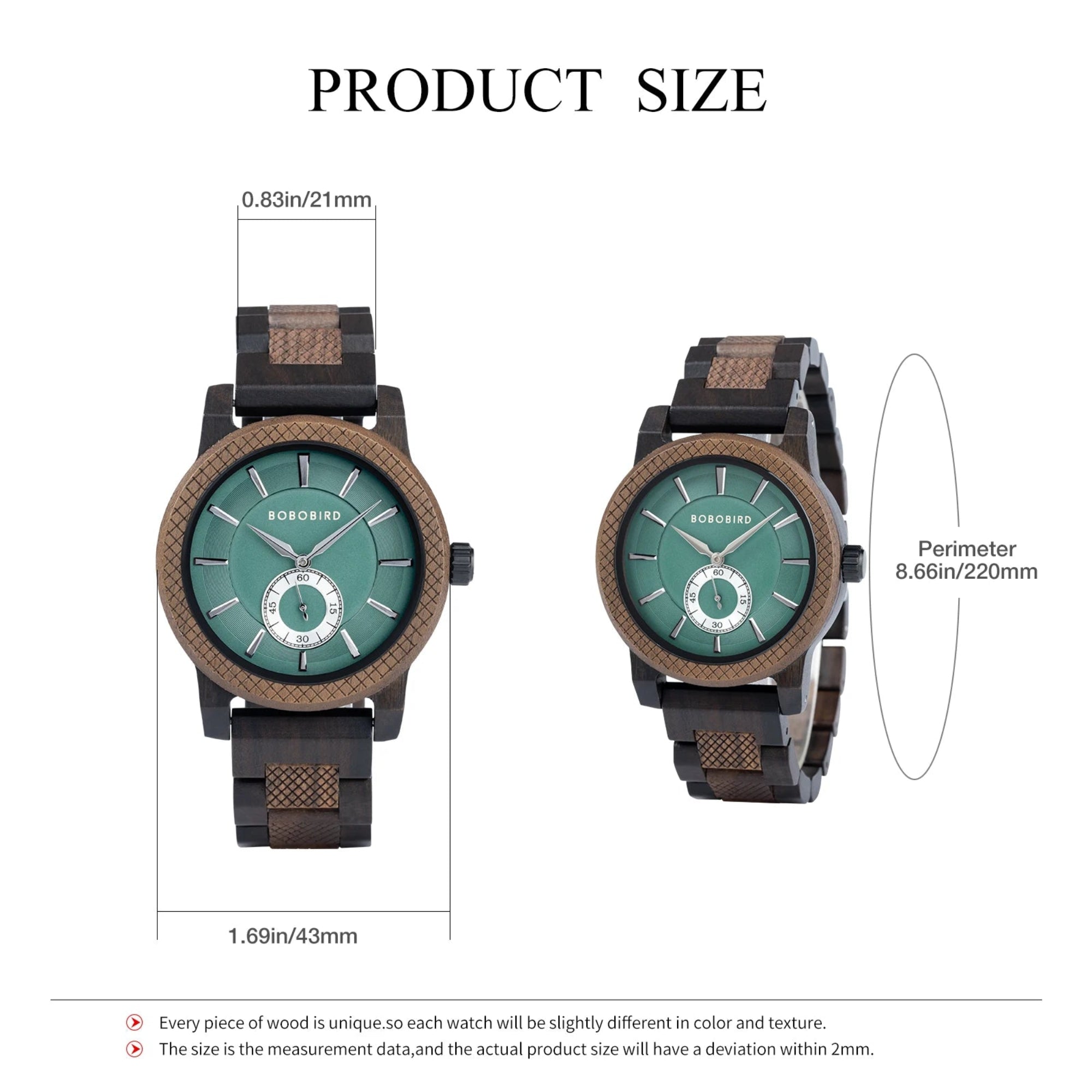 Wooden watch with green face and brown strap, showing measurements on a white background.