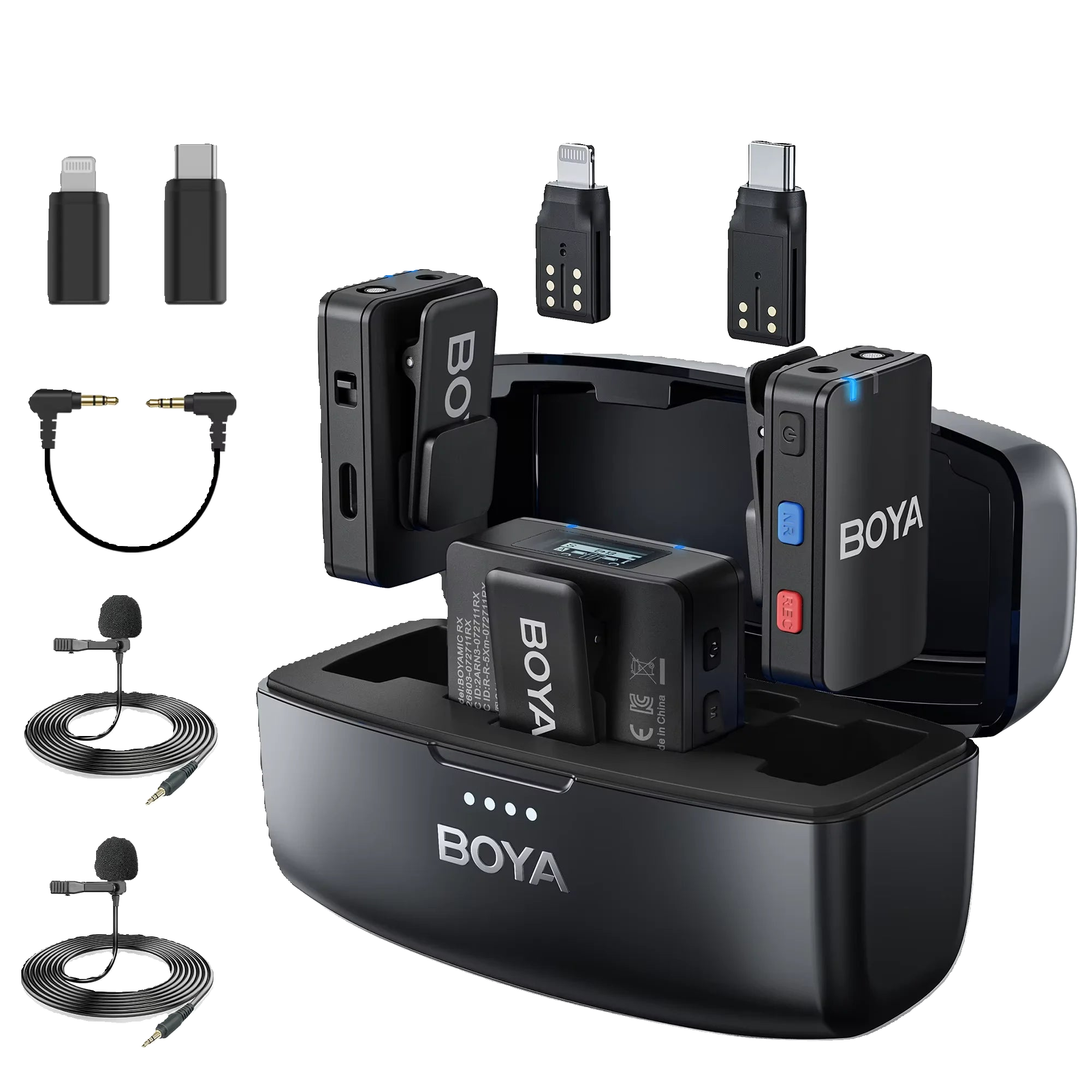 BOYA wireless microphone system with receiver, transmitter, and accessories on a white background