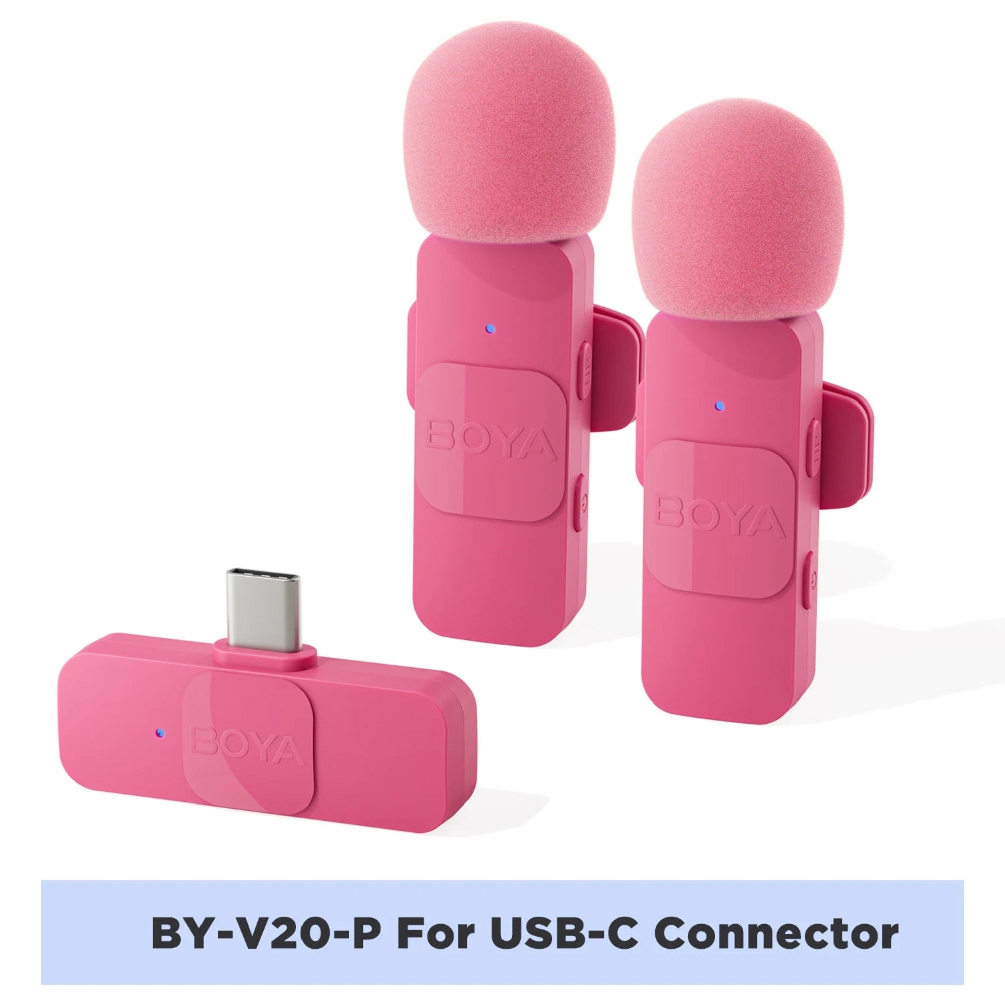 Pink wireless microphone set with USB-C connector on a white background