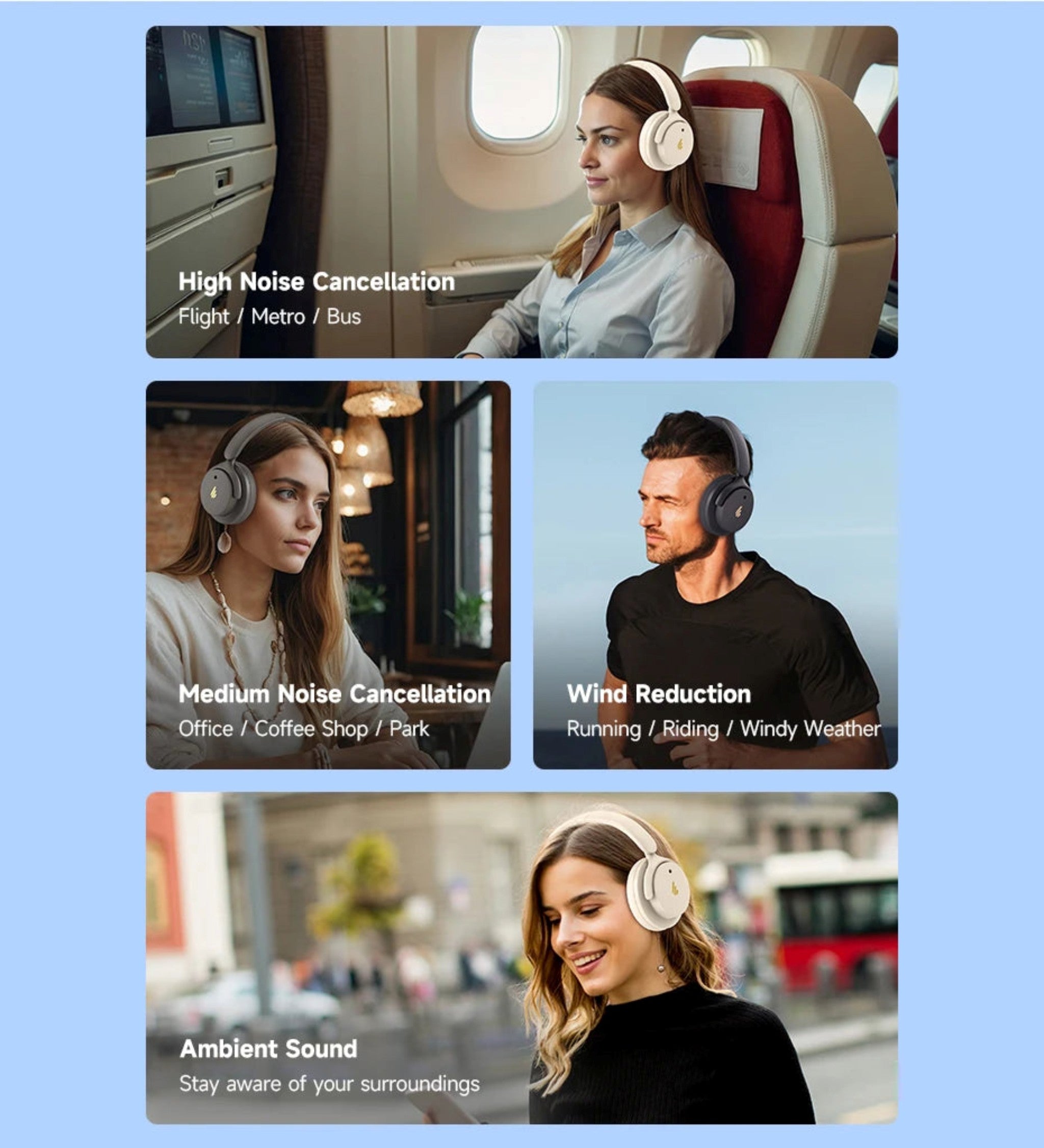 Person wearing headphones in various settings with text indicating noise cancellation levels.