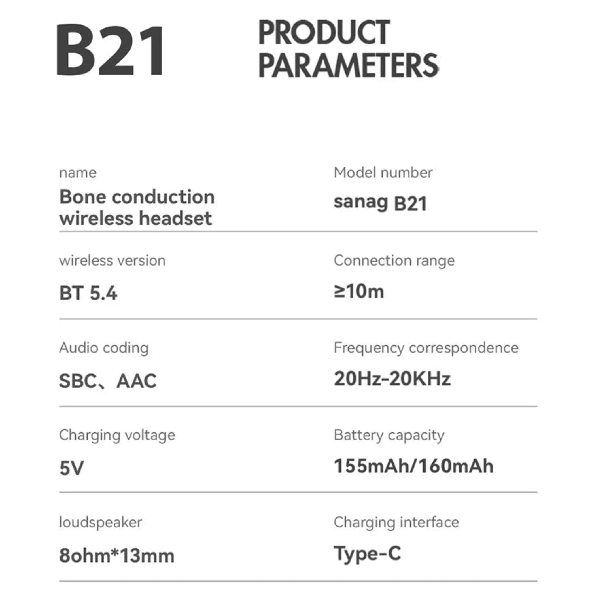 Product parameter table for bone conduction wireless headset