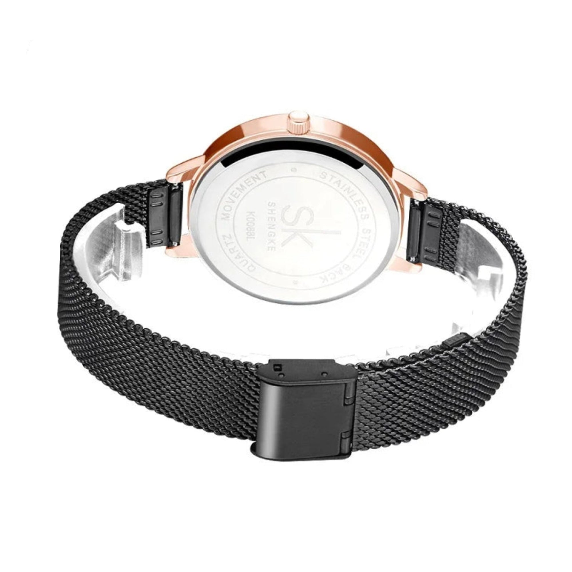 Watch with black mesh strap and rose gold case on a white background