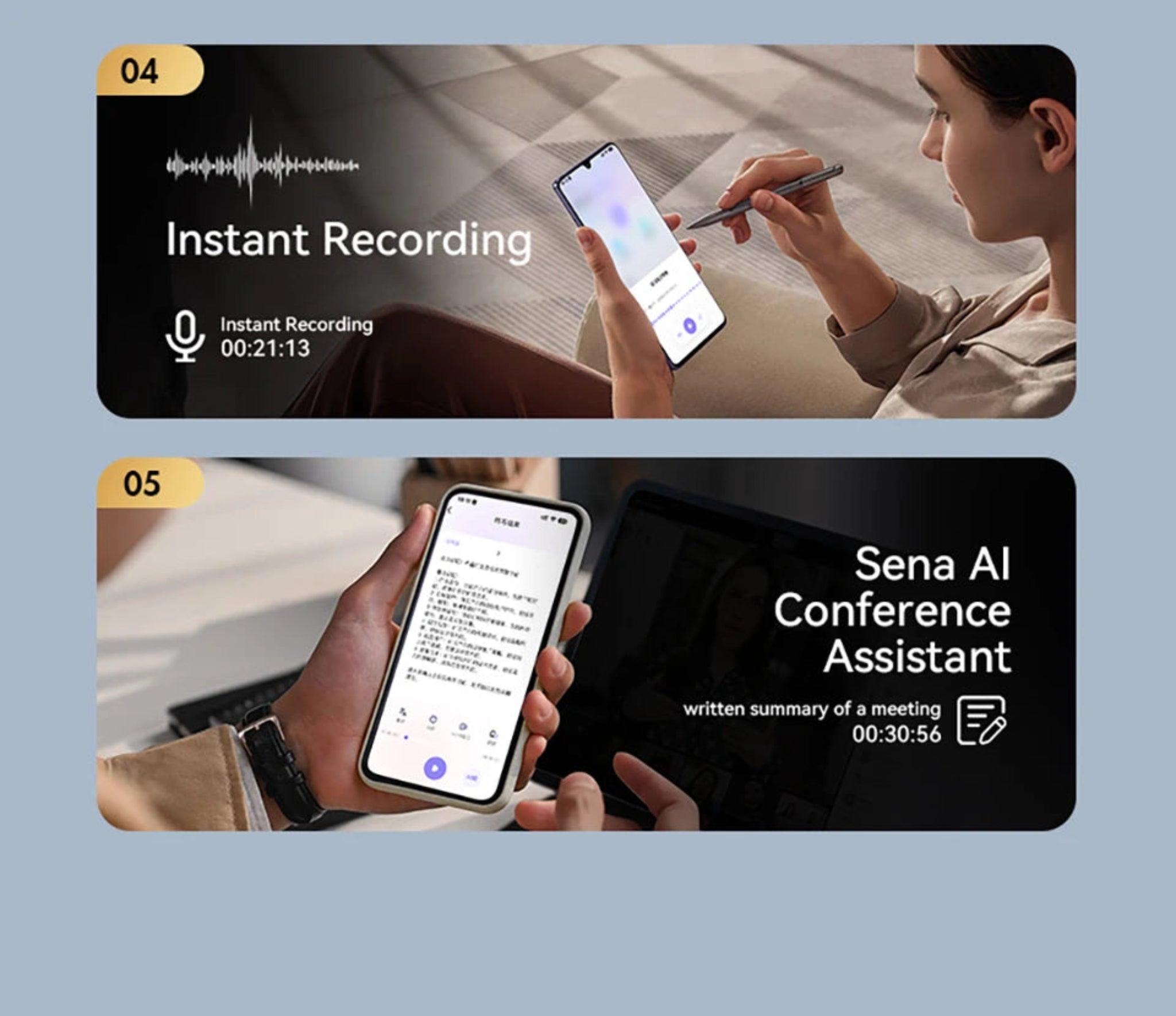 Two images showing a smartphone with instant recording feature and Sena AI Conference Assistant on a light blue background.