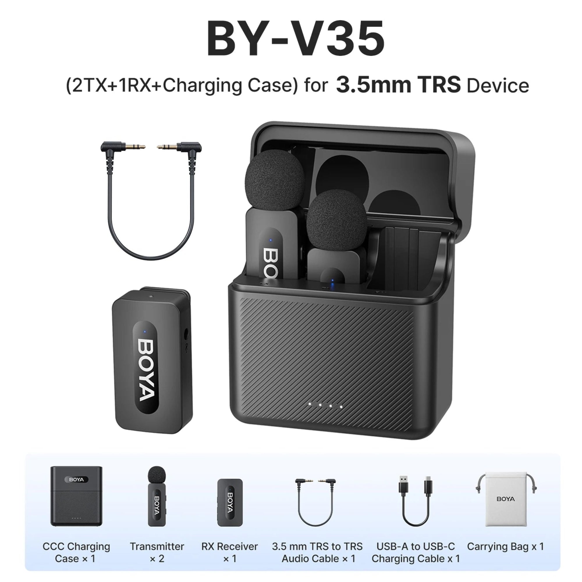 BOYA BY-V35 wireless microphone system with charging case, transmitter, receiver, and cables on a white background.