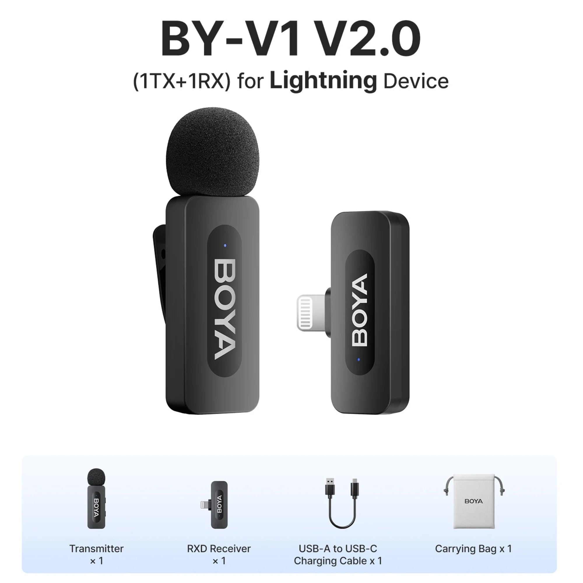 BOYA BY-V1 V2.0 microphone system with transmitter, receiver, charging cable, and carrying bag on a white background.