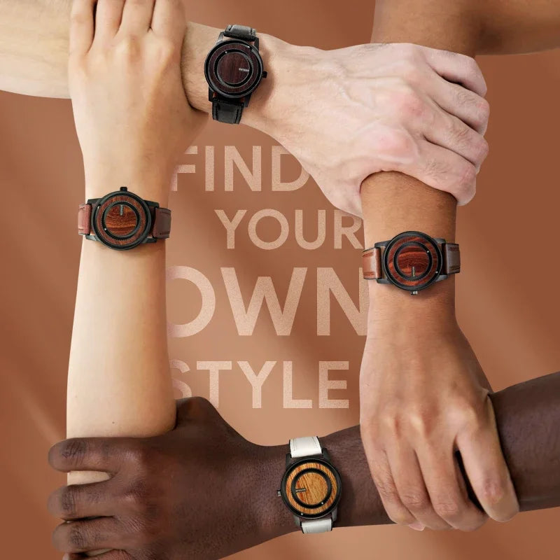 Three wrists wearing wooden watches with a brown background and text