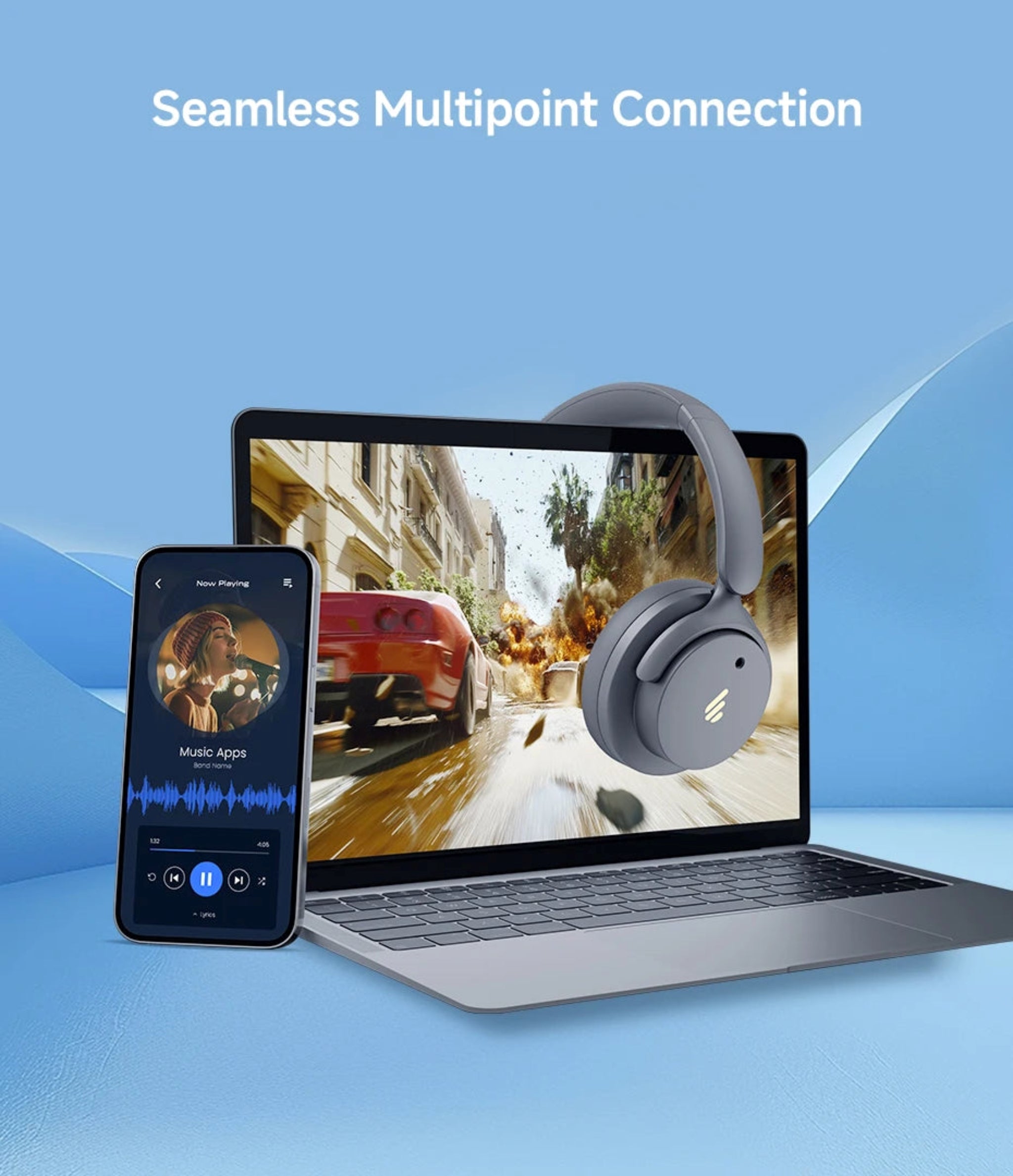 Laptop, smartphone, and headphones on a blue background with 'Seamless Multipoint Connection' text.