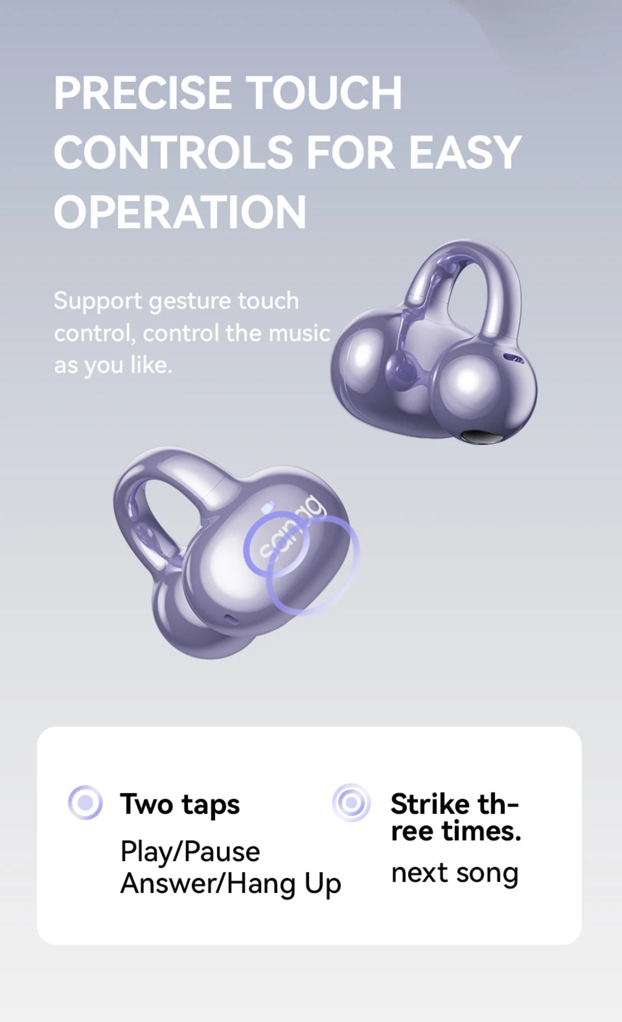 Purple wireless earbuds with gesture control text on a light gray background
