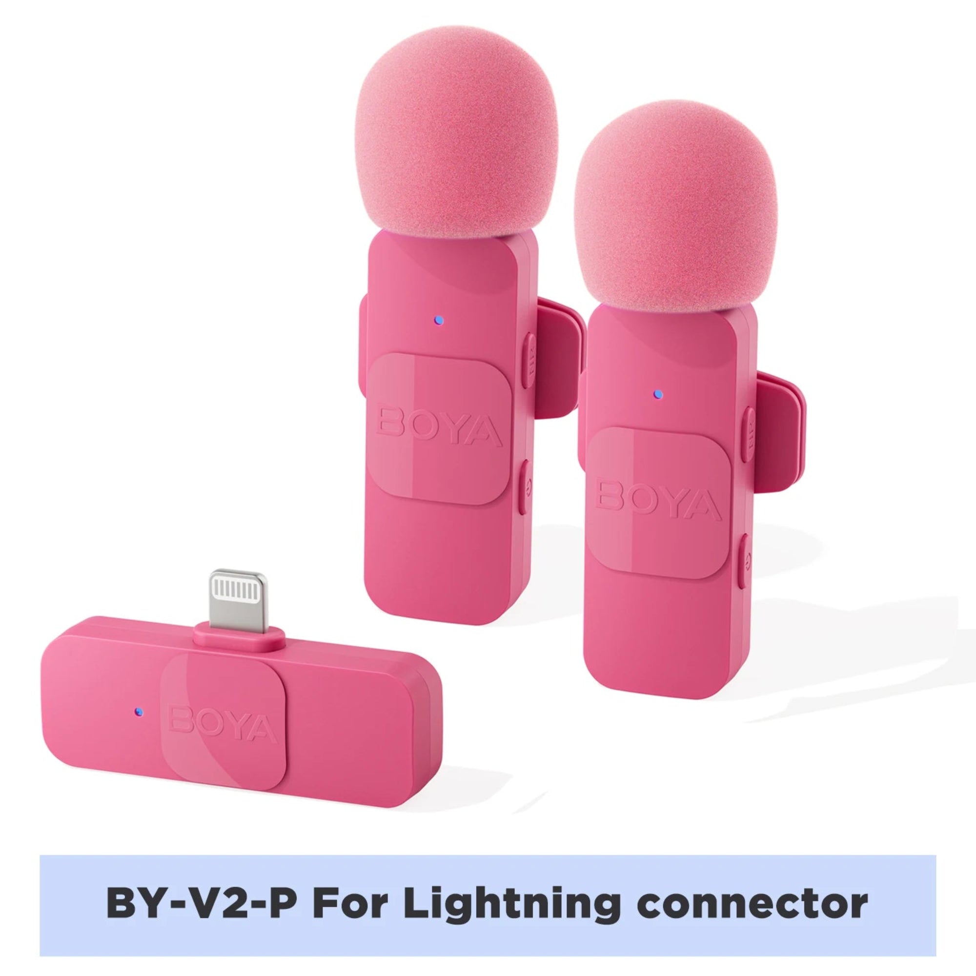 Pink microphone set with BOYA branding on a white background