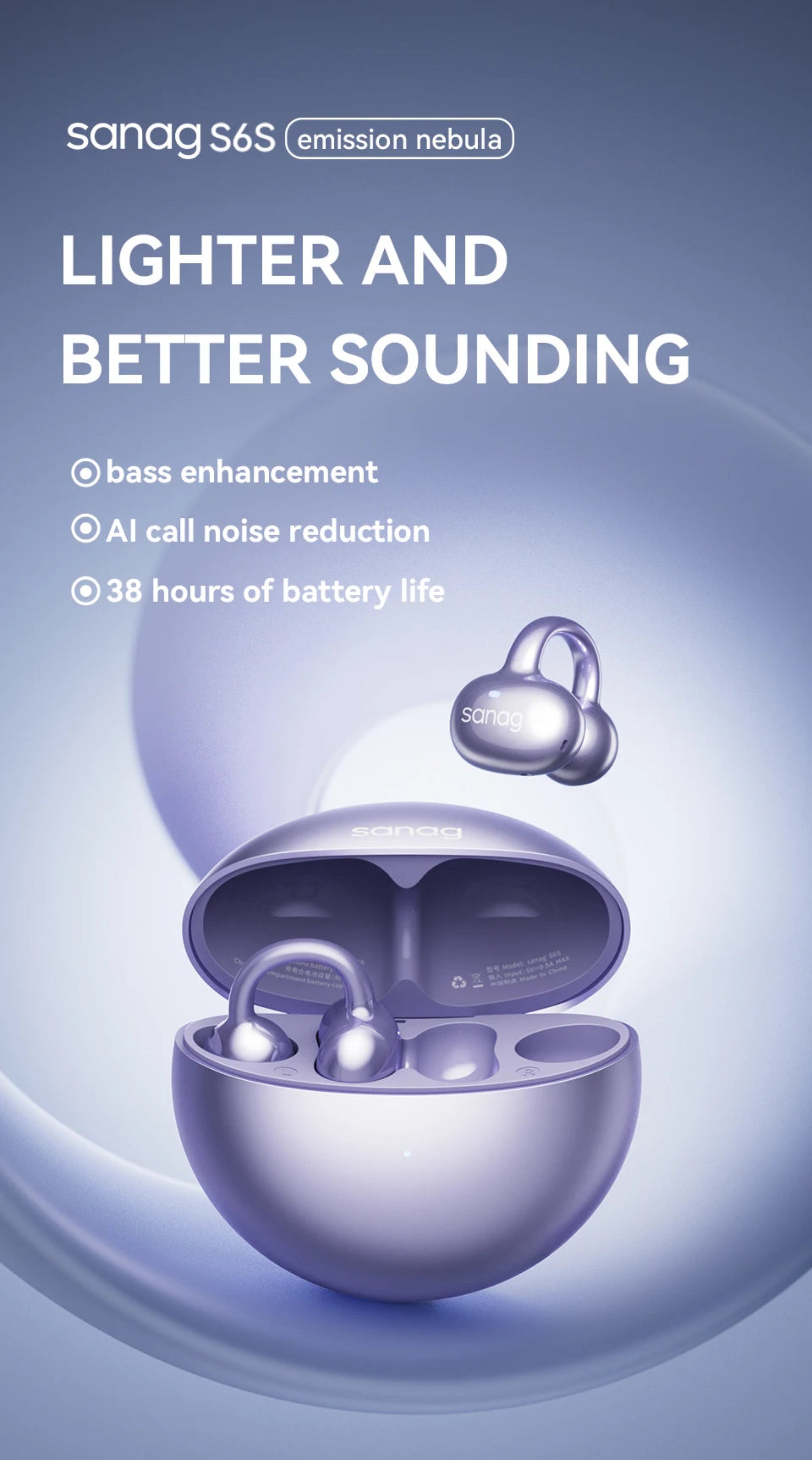 Purple wireless earbuds with open case on a light blue background, featuring text about features and benefits.