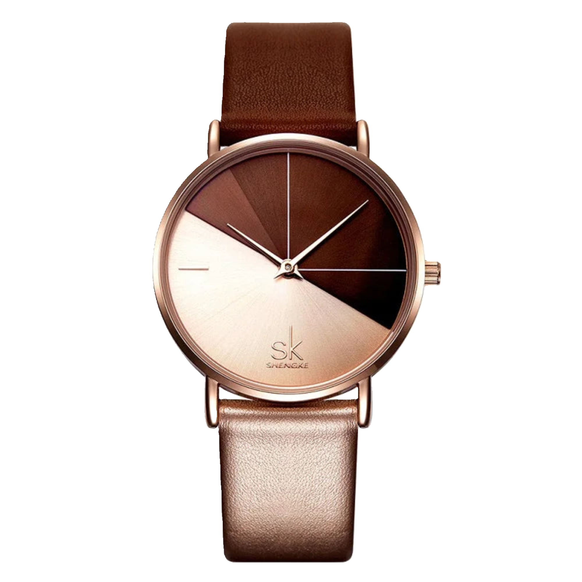 Watch with brown leather strap and rose gold case on white background